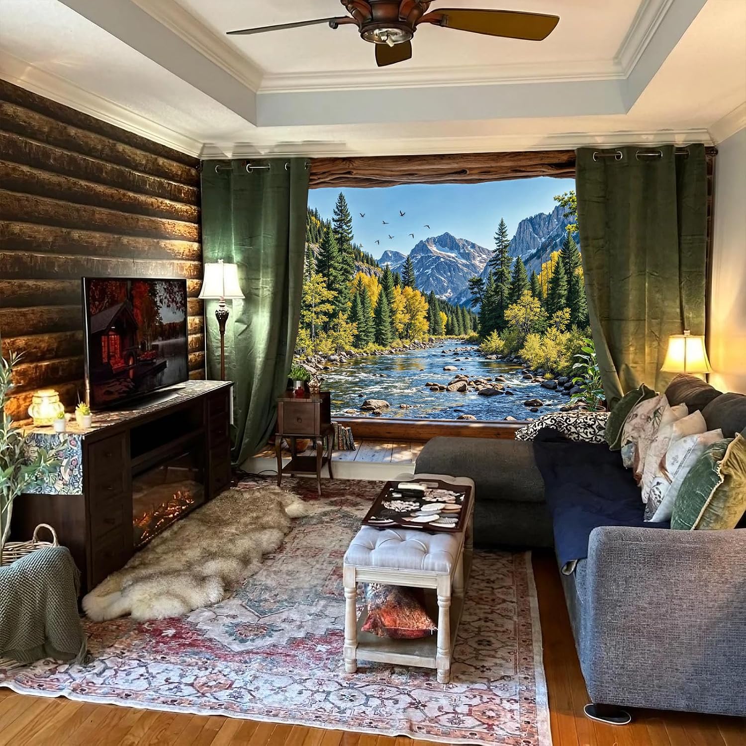 Lifeella Forest Window Tapestry, Mountain River Landscape Wall Backdrop, Nature Pine Tree Mural for Living Room Bedroom Office Decor, Green 60x80 inches image 2