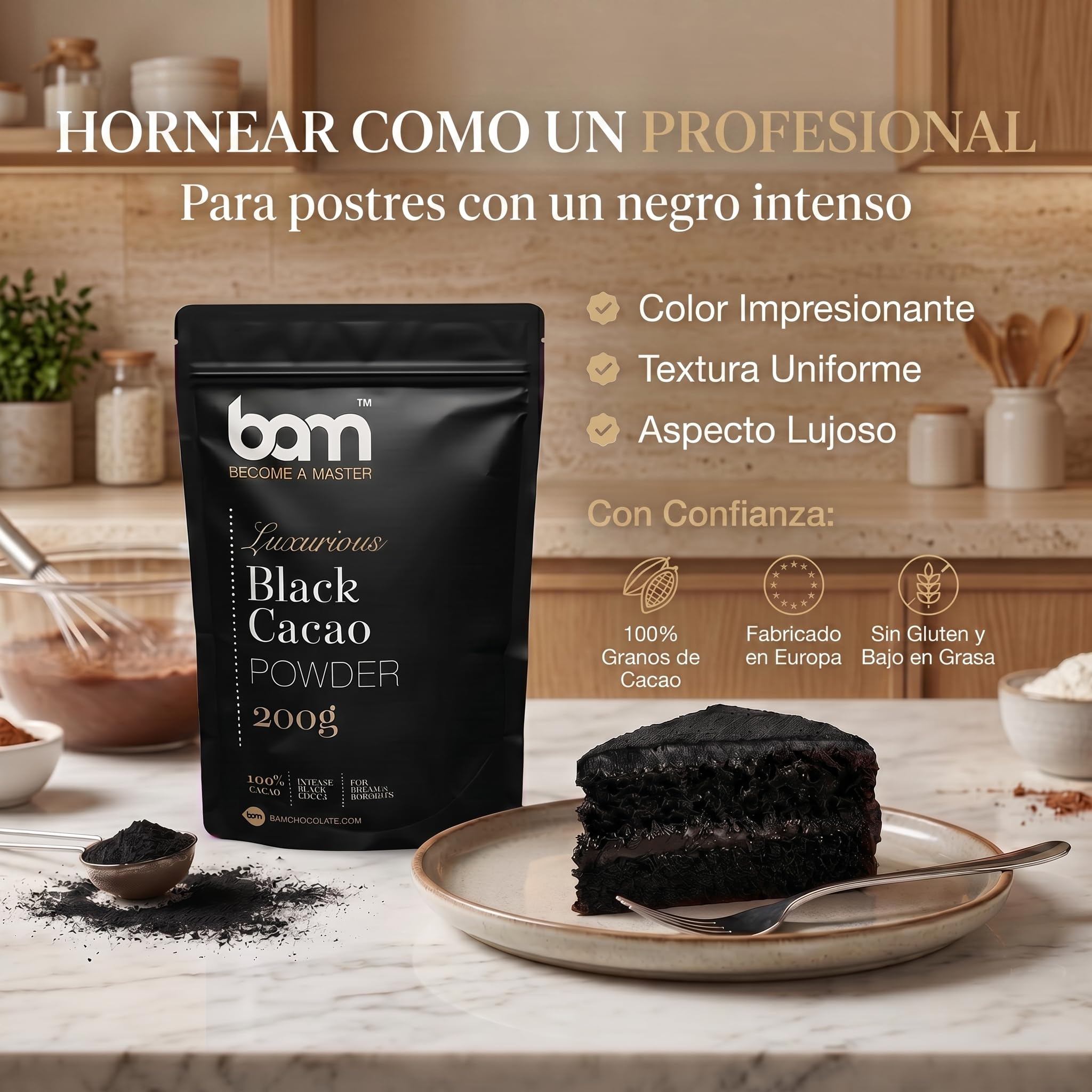 BAM Cacao Negro en Polvo 200 g, Cacao Puro y Desgrasado sin Azúcar para Repostería – Sin Gluten, Vegano