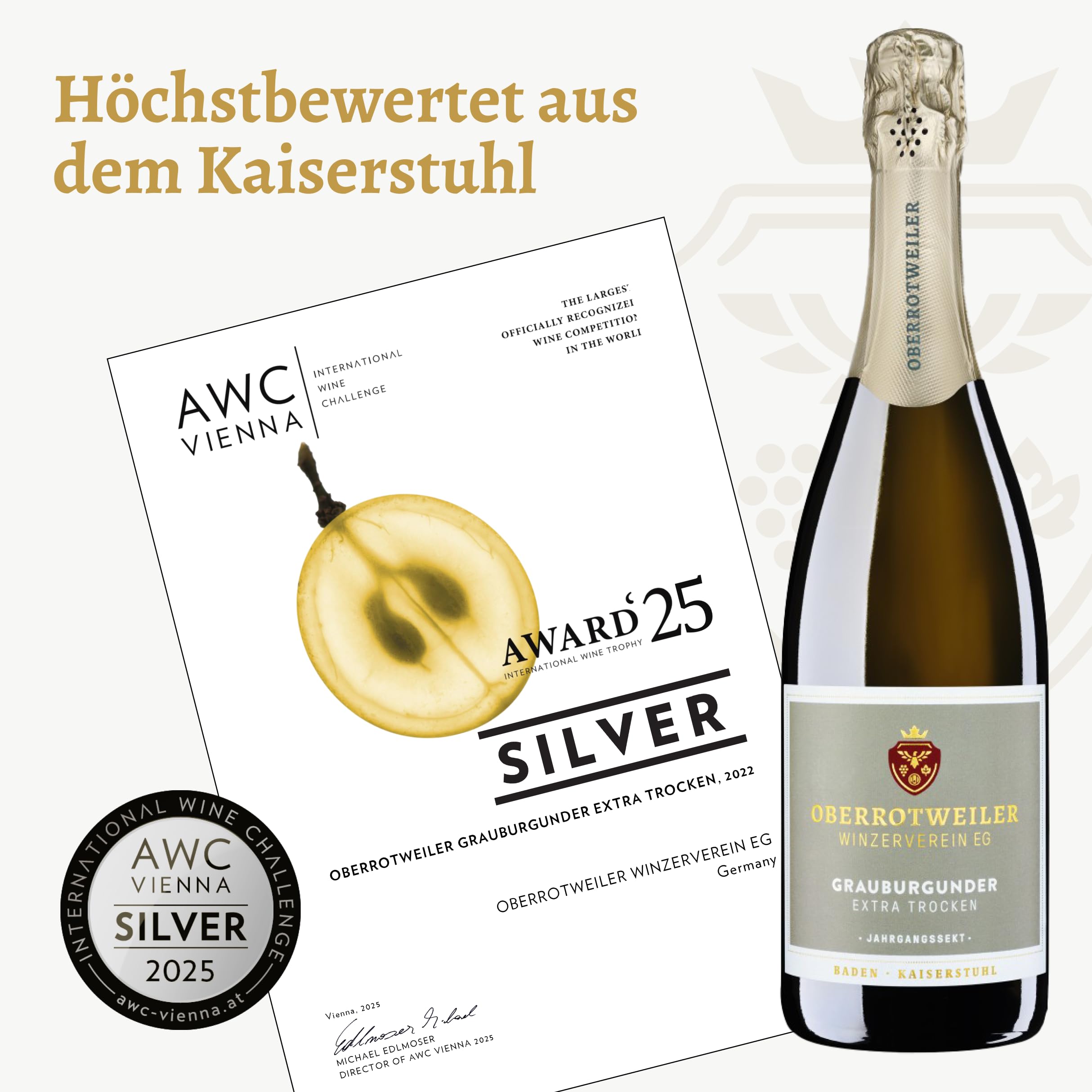 Oberrotweiler Grauburgunder Sekt Extra trocken - SILBER 2026 AWC Vienna - fülliger, kräftiger Geschmack, perfekt als Aperitif - Badischer Winzersekt (3 x 0,75l)