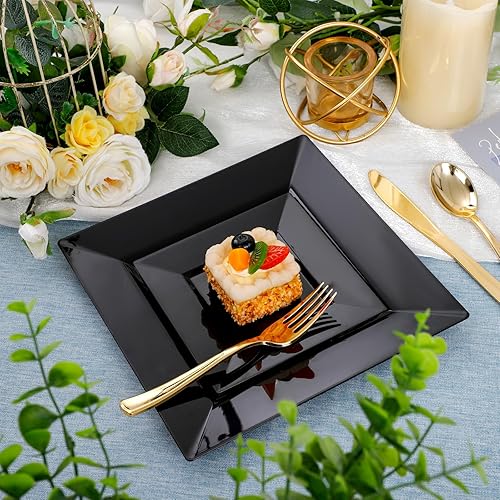 Miniatura 5 de Liacere 100 platos de plástico negro - Platos desechables cuadrados negros premium - Incluye 50 platos de cena de 9.5 pulgadas - 50 platos de postre