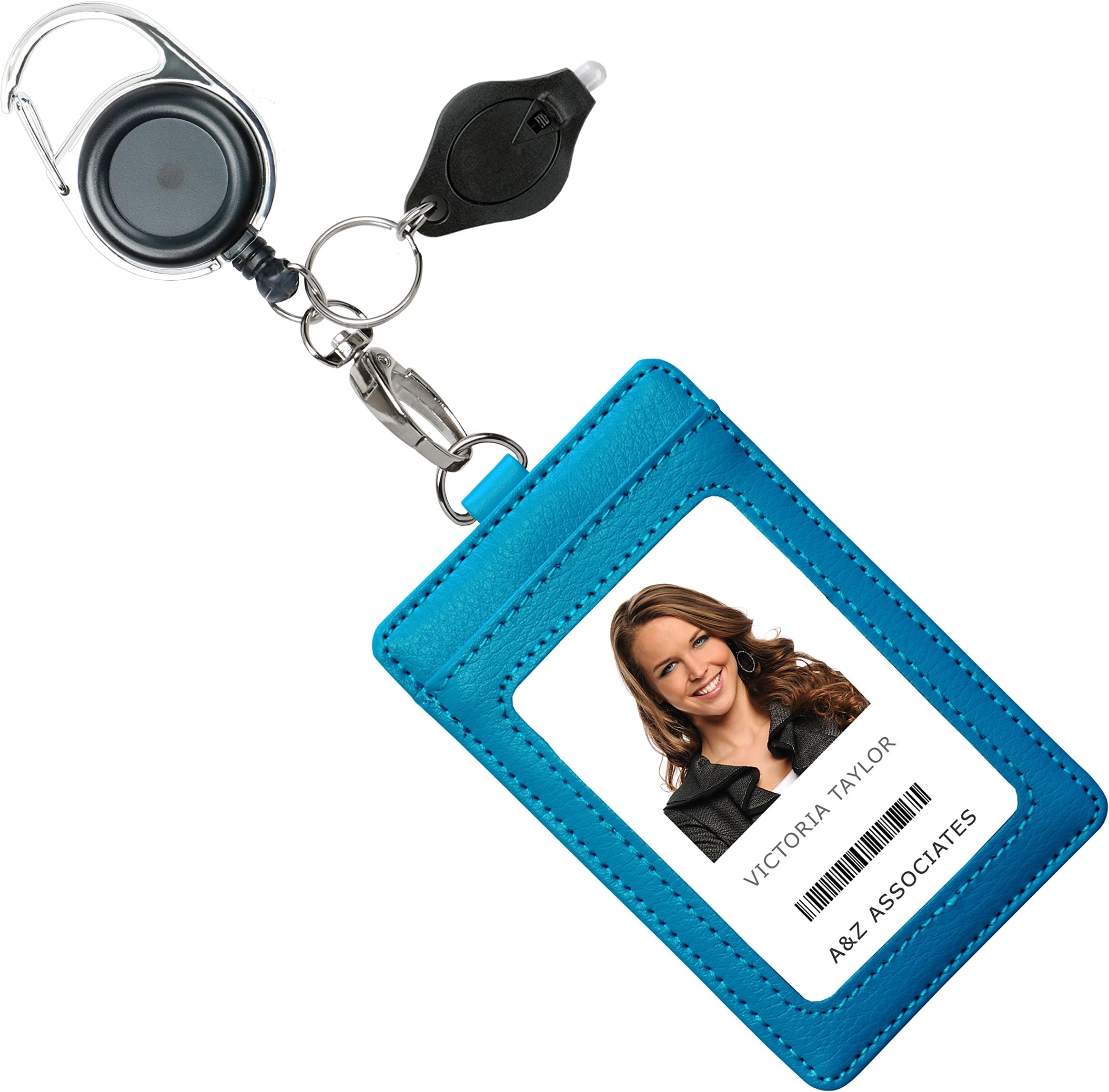 Genuine Leather ID Badge Holder Wallet with Heavy Duty Carabiner Retractable Reel, Key Ring and Metal Clip, 3 Card Pockets. Holds Multiple Cards & Keys. Key Chain Flashlight. Vertical. Carolina Blue