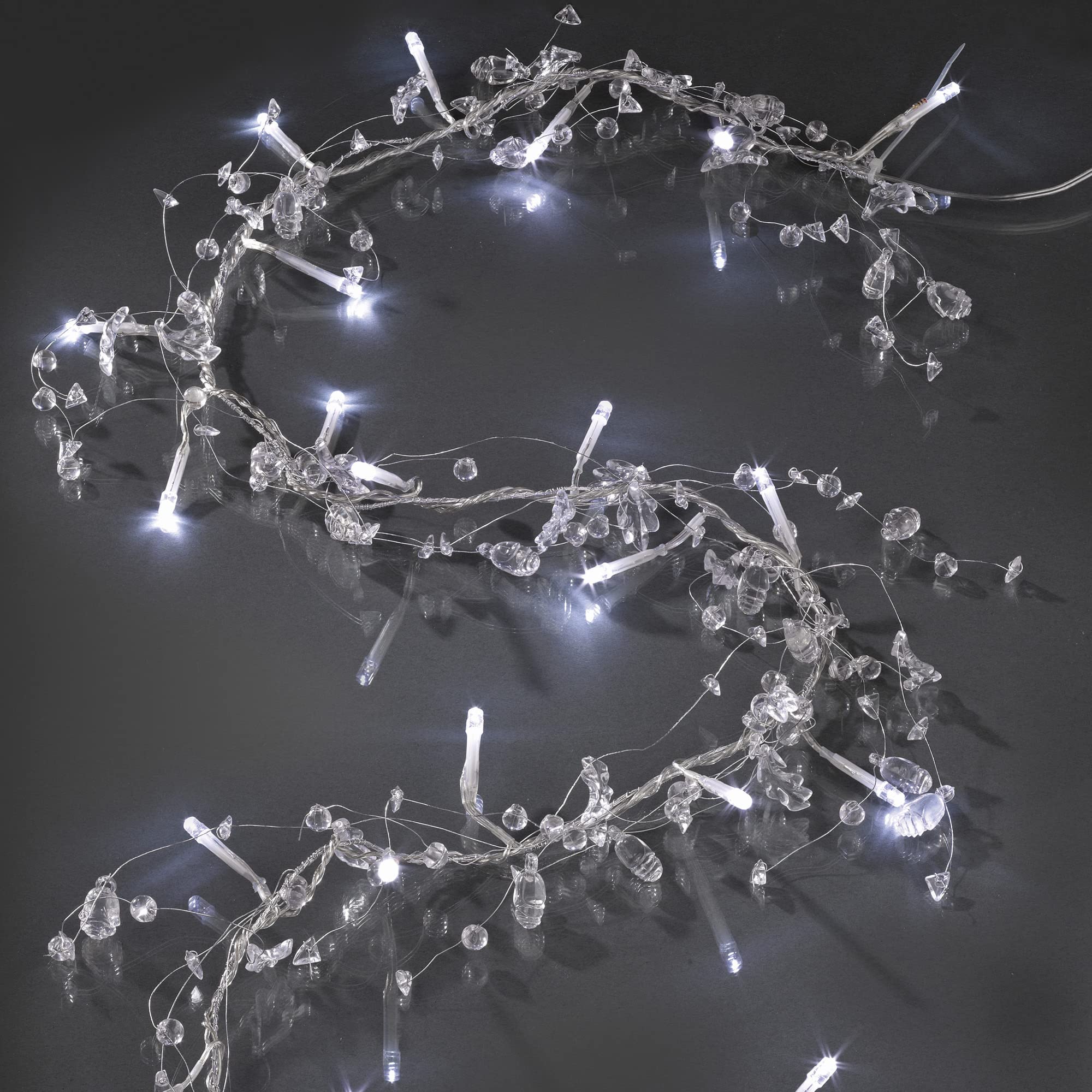 hellum Lichterkette Innen mit Blumen und Blättern, 16 kaltweiße LED, 1,5m beleuchtete Länge, Zuleitung 0,3m, batteriebetrieben, transparentes Kabel, Dekorationslichterkette, 566185