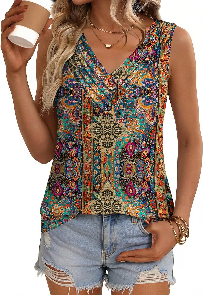 Zeagoo Womens Tank Tops 2026 Summer Sleeveless Loose Fit Tops V Neck Pleated Trendy Fashion Business Casual Shirts