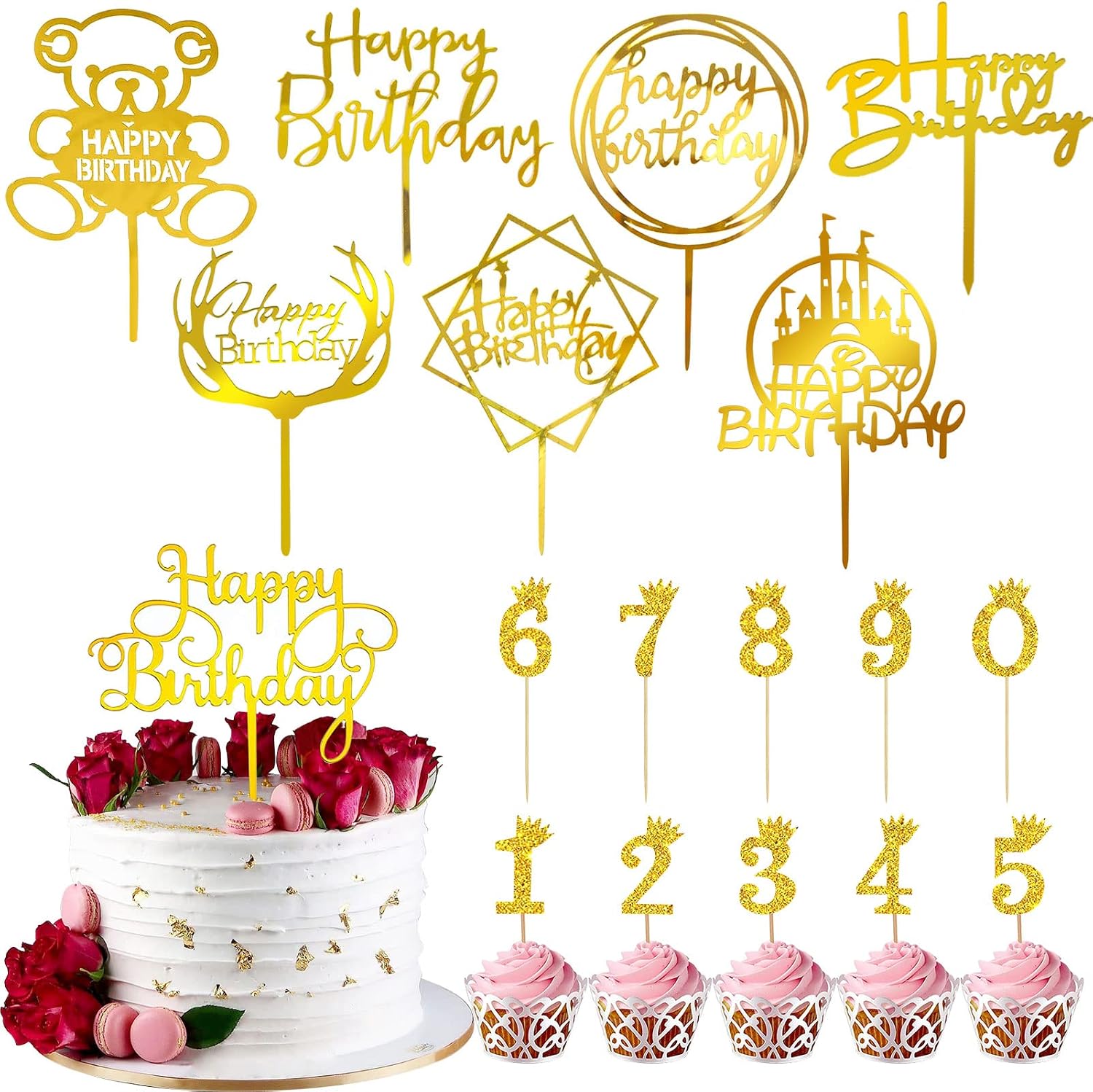 Happy Birthday Cake Topper,Numbers 0-9 Cake Topper,Gold Acrylic Happy ...