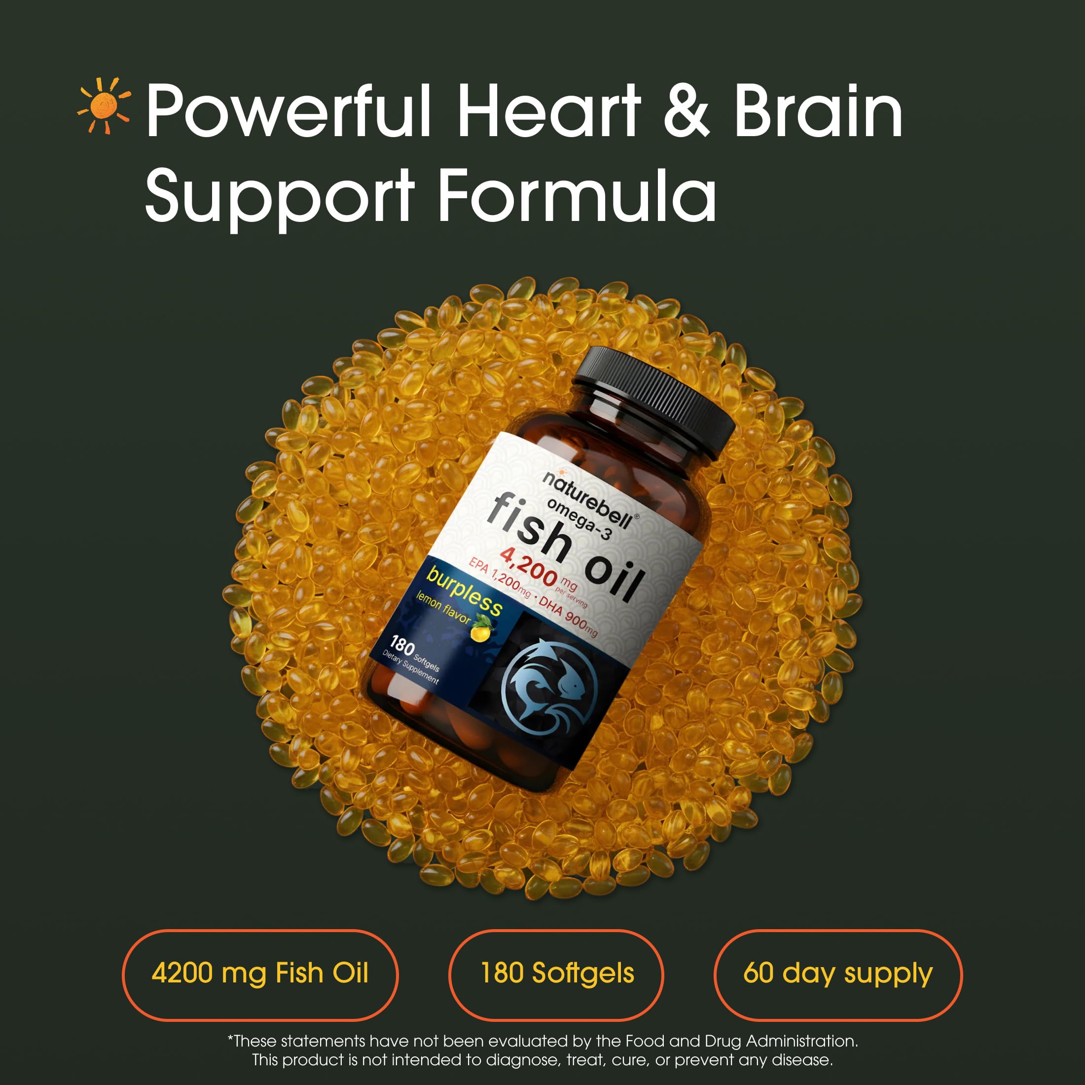 NatureBell Omega-3 Fish Oil - 180 Softgels - Support for Joint, Brain & Heart Health* - with EPA & DHA - No Burps or Fishy Aftertaste - Non-GMO & Mercury-Free Formula - Lemon Flavor — Amazon image 2