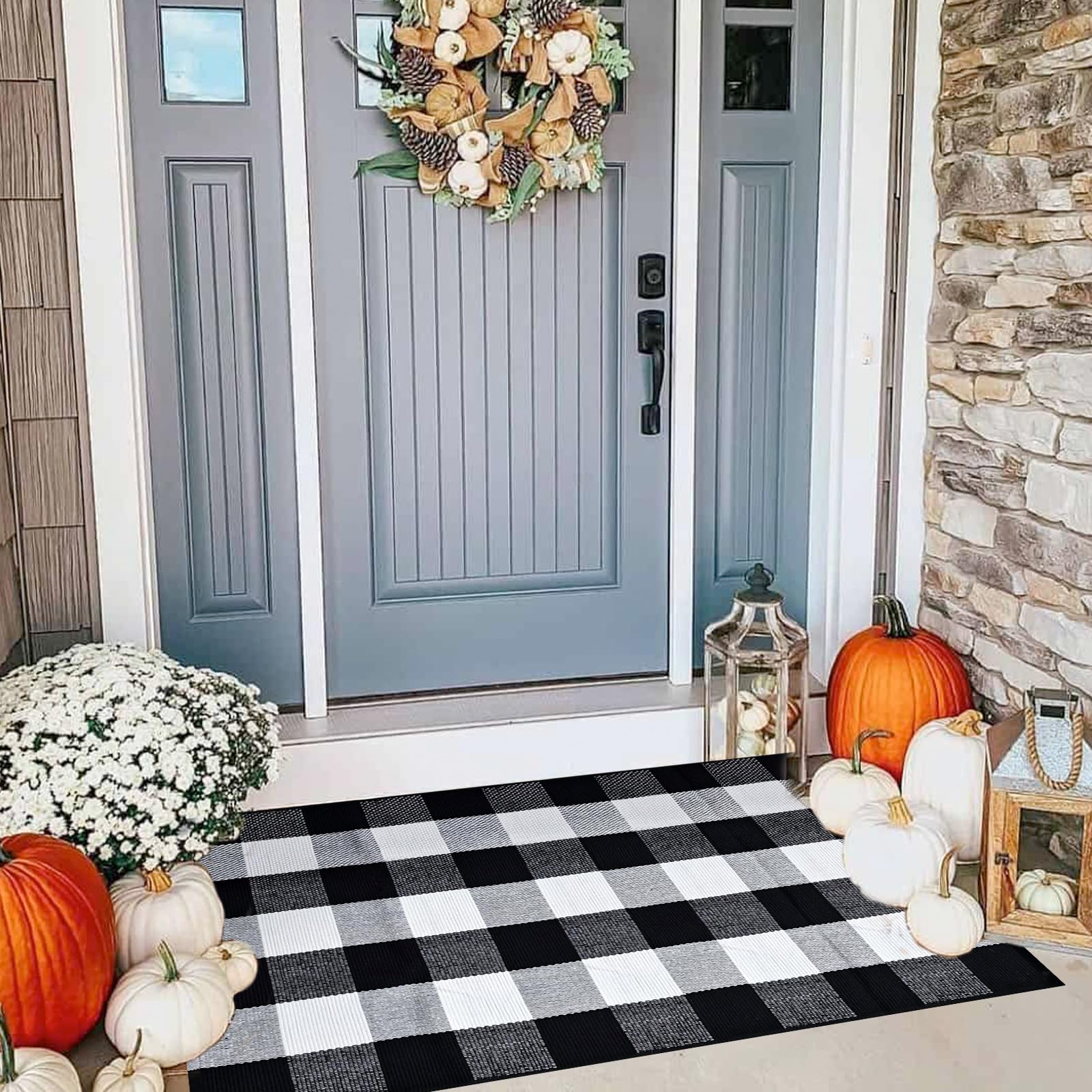 Buffalo Plaid Rug 28 x 43 Inches Fall Outdoor Front Door Decor Mat Cotton Washable Hand-Woven Rug for