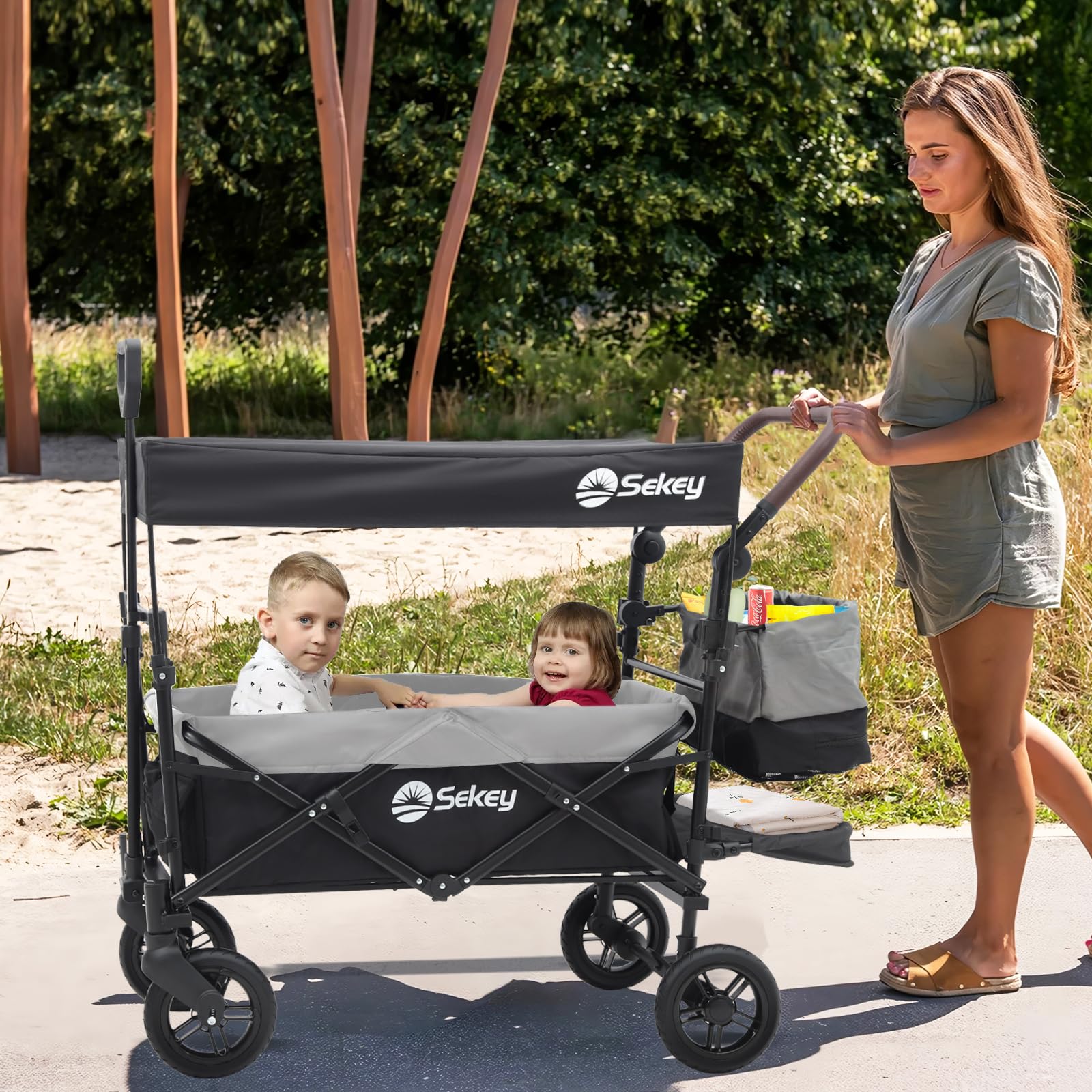 Sekey Faltbarer Bollerwagen Kinder mit 150KG Tragkraft, Handwagen Klappbar für Kinder mit Schiebegriff und Bremsen, TP5050, Schwarz mit Grau