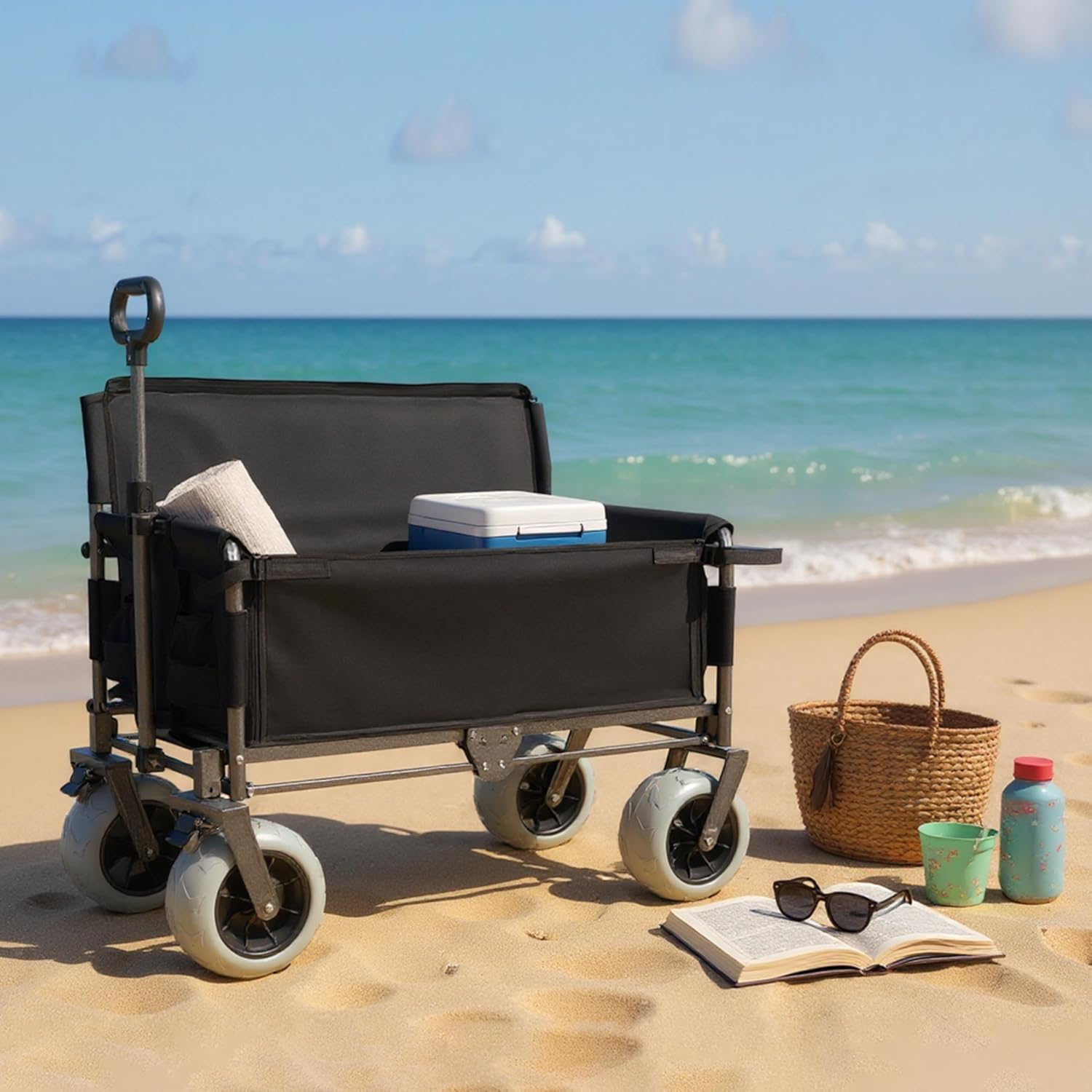 Folding Wagon Cart with Bench Seat - 3-in-1 Collapsible Utility Cart & 500 lbs Capacity All-Terrain Wheels - Mobility Aid & Seating Solution for Rehabilitation Patients & Outdoor Activities