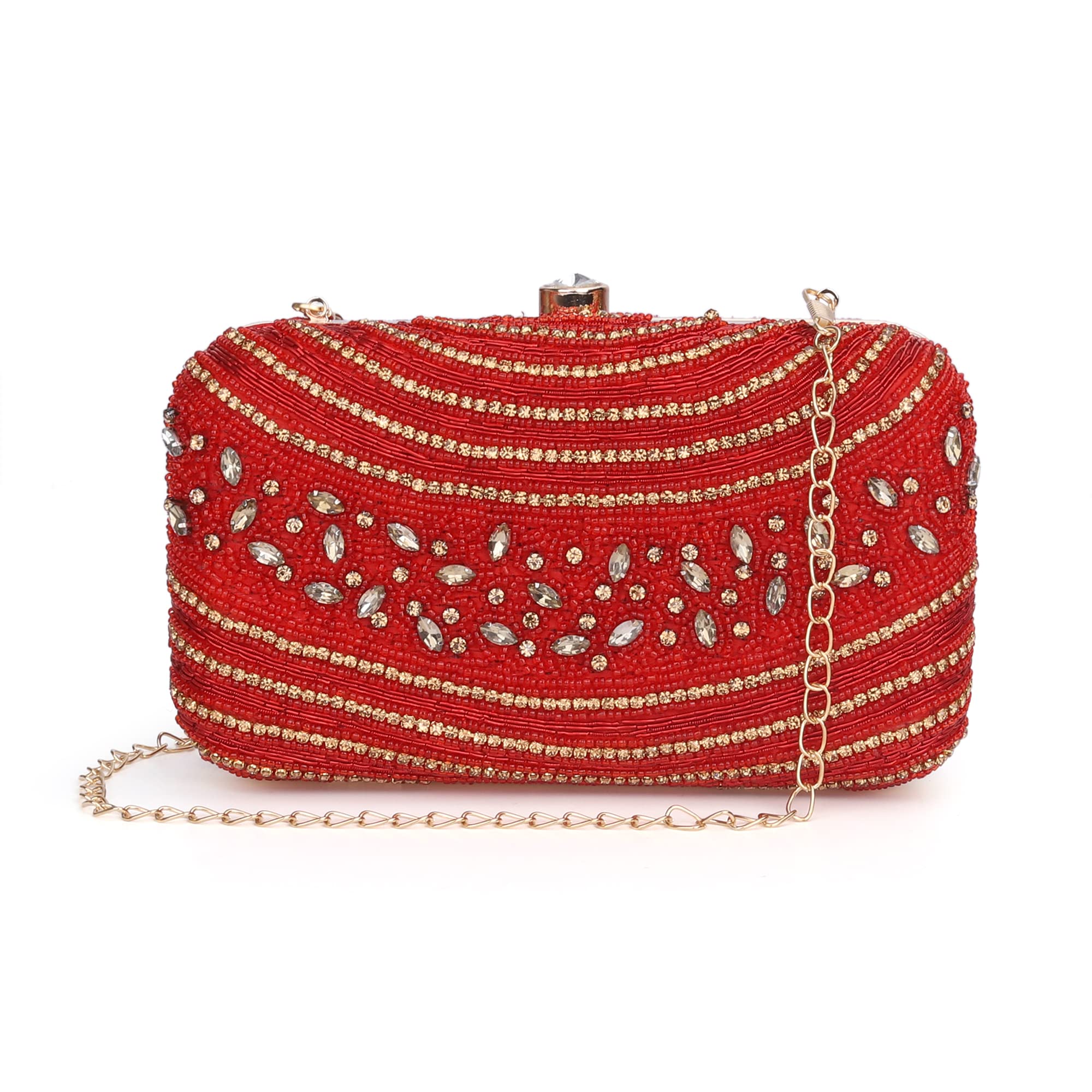 the clownfish Emerald Collection Womens Party Clutch Ladies Wallet Evening Bag with Fashionable Round Corners Beads Work Floral Design (Red)-picture-38