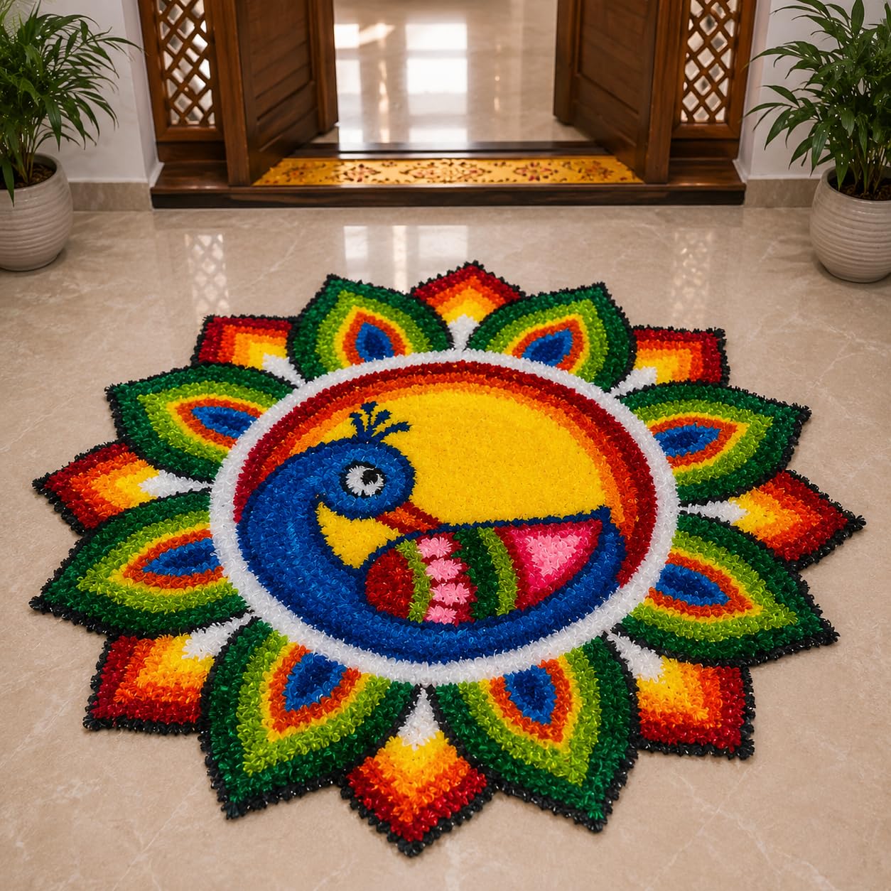 Handmade Quick Decor 24x24 Inch Peacock Rangoli Mat| Reusable Festive Decor | Traditional Floral Design for Diwali, Pooja & Festive Home Decoration-image-42