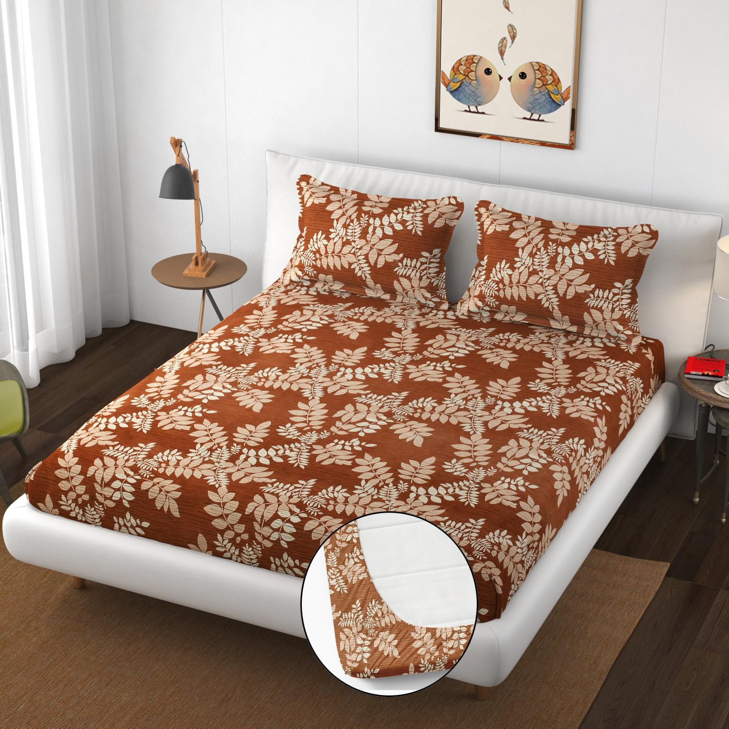 VAINE Premium Heavy Cotton Elastic Fitted Bedsheets with 2 King Size Pillow Covers || Double Bed with All Around Elastic 350 TC || 72 x 78 Inch King Size Fitted || - Rust Leaf (B0DFV2TV32) Amazon Price History, Amazon Price Tracker