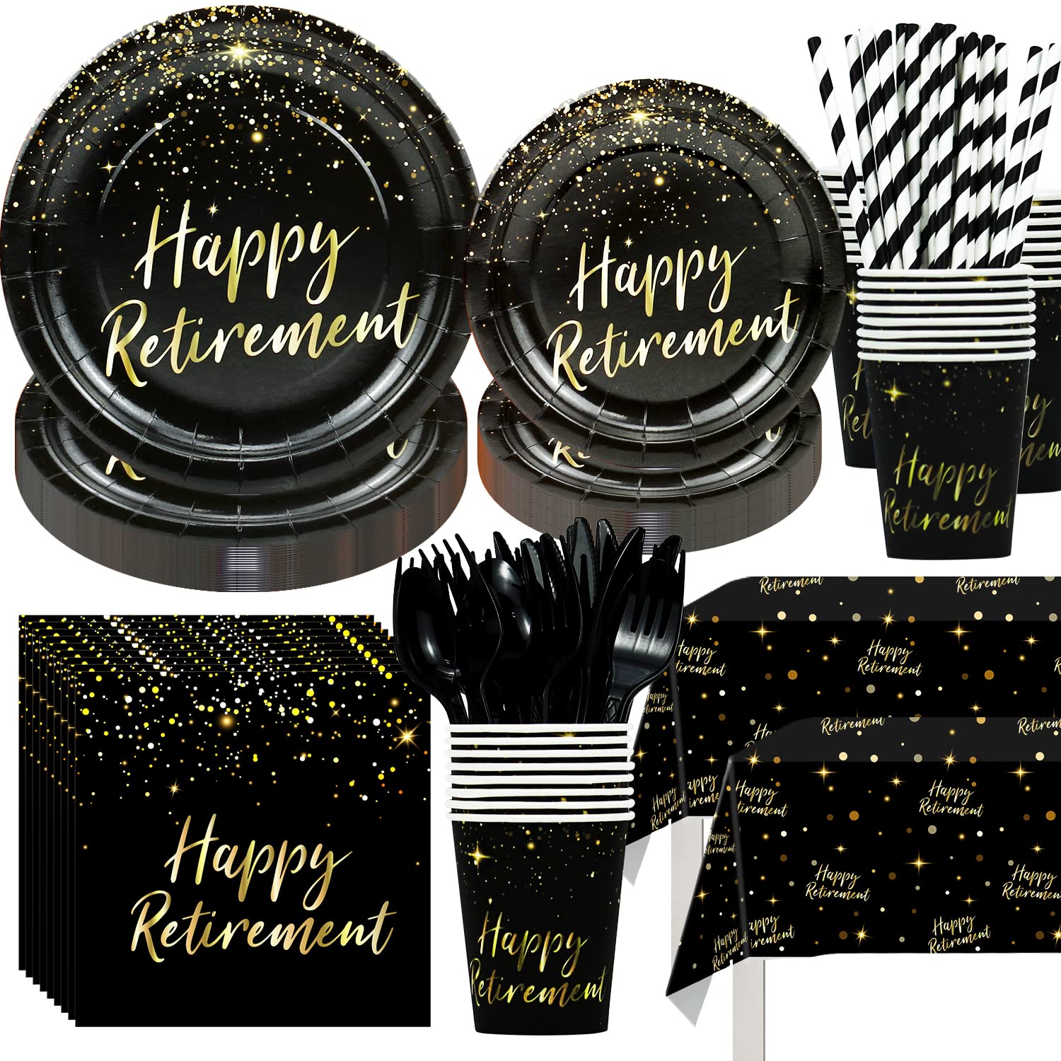 FVABO Retirement Party Supplies Tableware - Retirement Party Decorations Include Plates, Cup, Napkin, Cutlery, Tablecloth, Straws, for Happy Retirement Party Bundle for Women Man