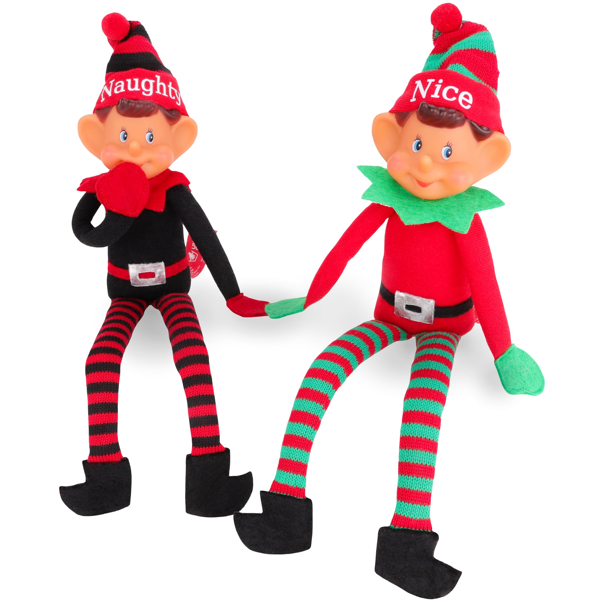 Toyland® Elves With Attitude Zestaw dwóch pluszowych elfów – 35 cm (14 cali) – Niegrzeczne i grzeczne elfy – Najlepszy duet – Dzianinowa czapka i nogi – Winylowa zabawna buzia i samoprzylepne dłonie