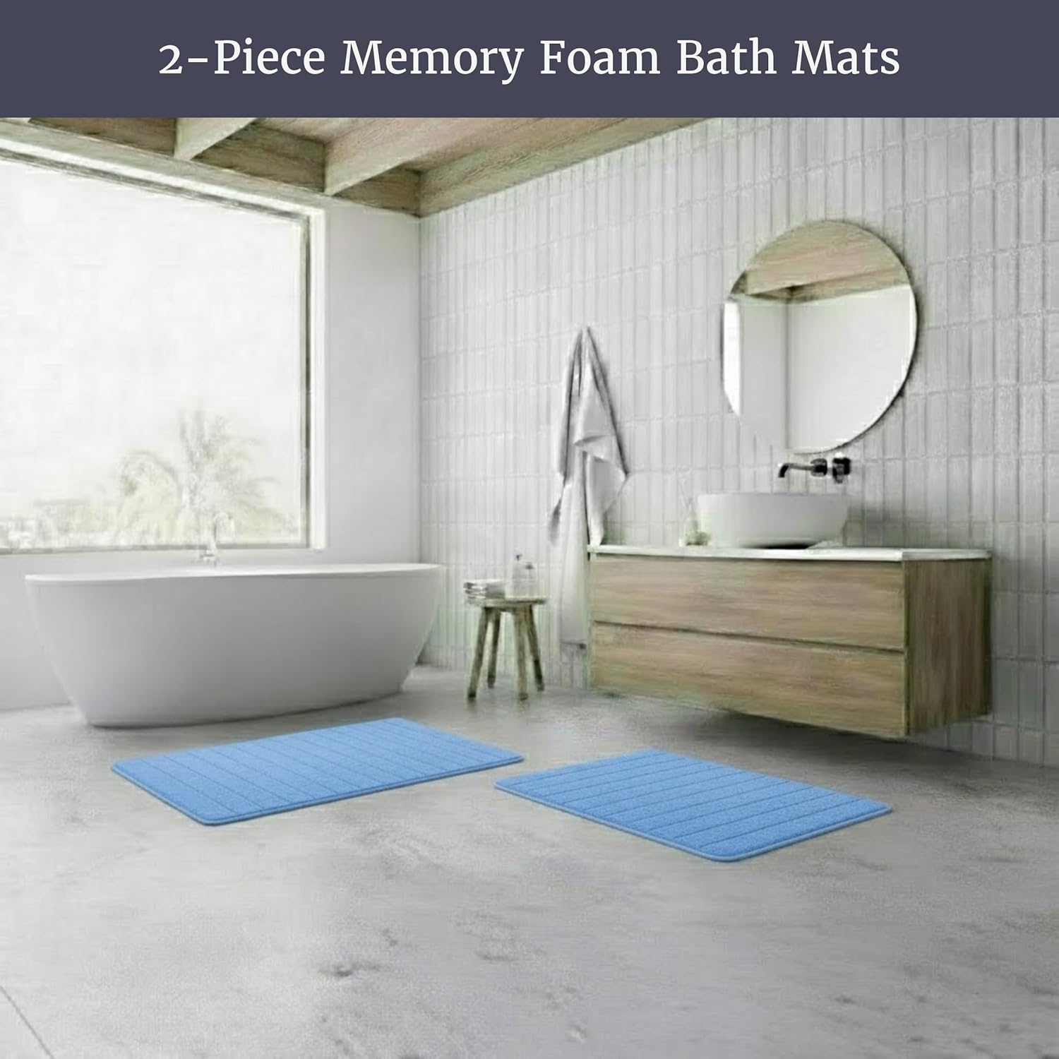 Bathroom Rugs - 2-Piece Memory Foam Bath Mats with Microfiber Top - Non-Slip Absorbent Rugs for Shower, Laundry, or Kitchen by Lavish Home (Blue)