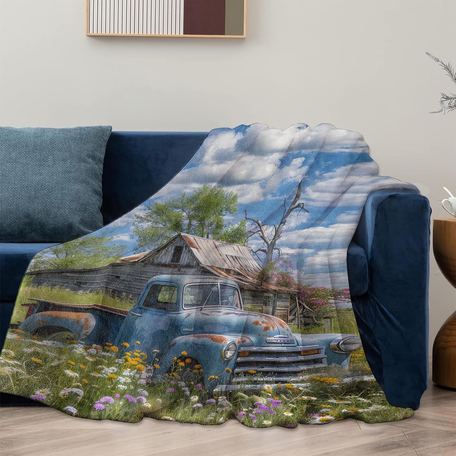 Vintage Blue Truck Blanket Gifts for Women Adults, Soft Warm Lightweight Flannel Throw Blankets for Camping Bedroom Living Room Home Sofa Travel Decor 60" x 80"