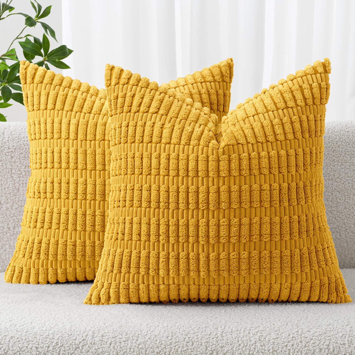 MIULEE Pack of 2 Corduroy Decorative Throw Pillow Covers 18x18 Inch Soft Boho Striped Pillow Covers Modern Farmhouse Home Decor for Summer Sofa Living Room Couch Bed Mustard Yellow