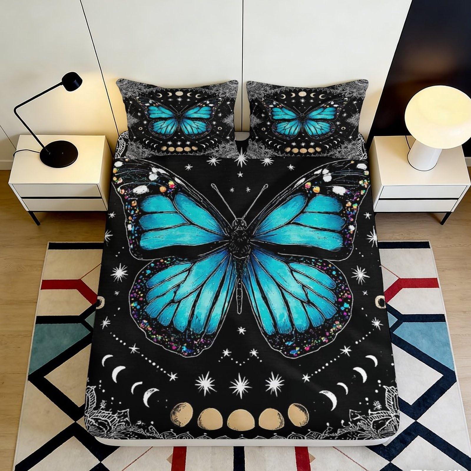 3D Printed Blue Butterfly Fitted Sheet Microfiber Soft Decorative Moon Phase Mattress Cover for Bedroom Guest Room Dorm 90x200x25cm