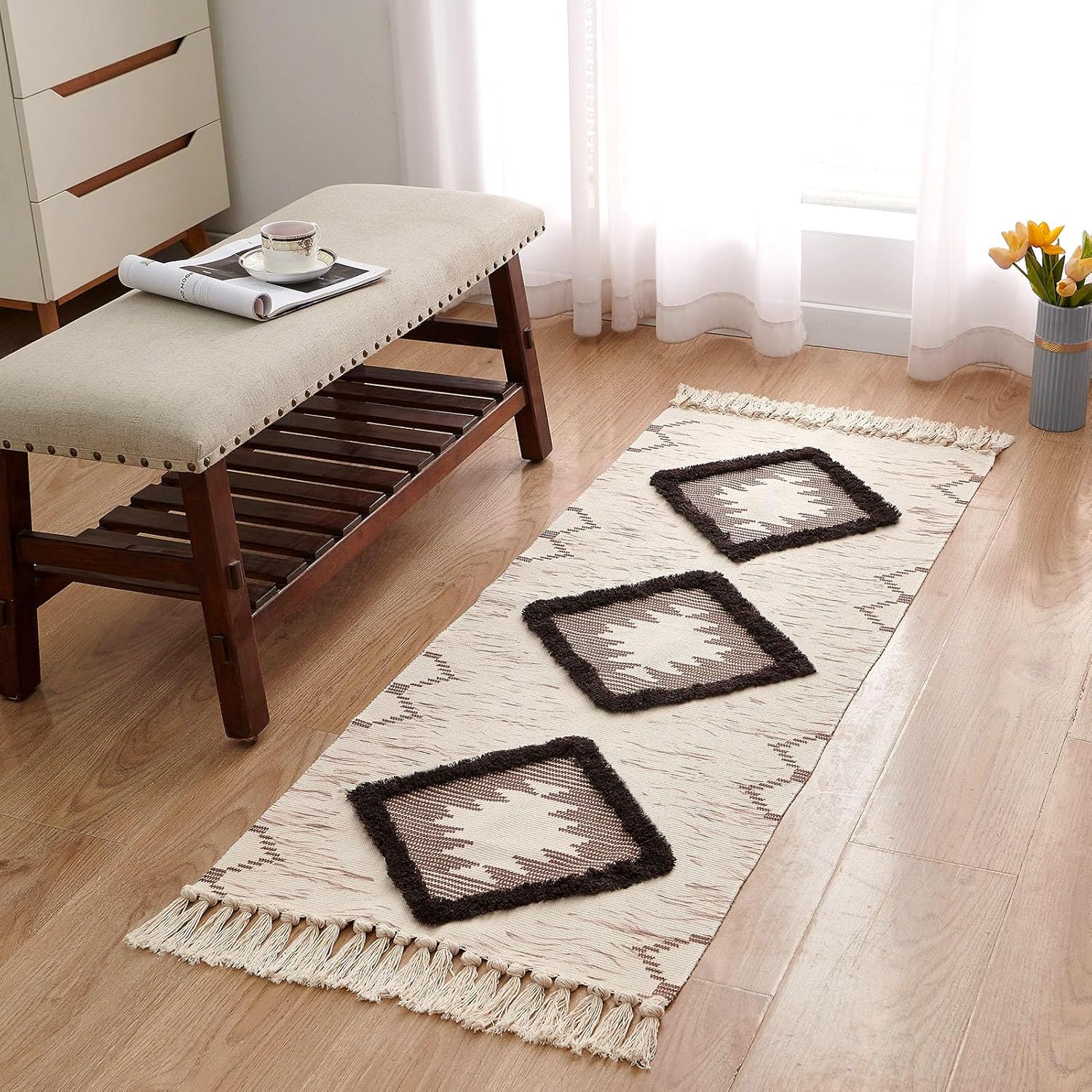 Boho Runner Rug 2'x5', Washable Hallway Rug Runner Non Slip Rubber Backed, Kitchen Farmhouse Area Rug Floor Mat with Tassels, Tufted Woven Cotton Entryway Carpet, Brown