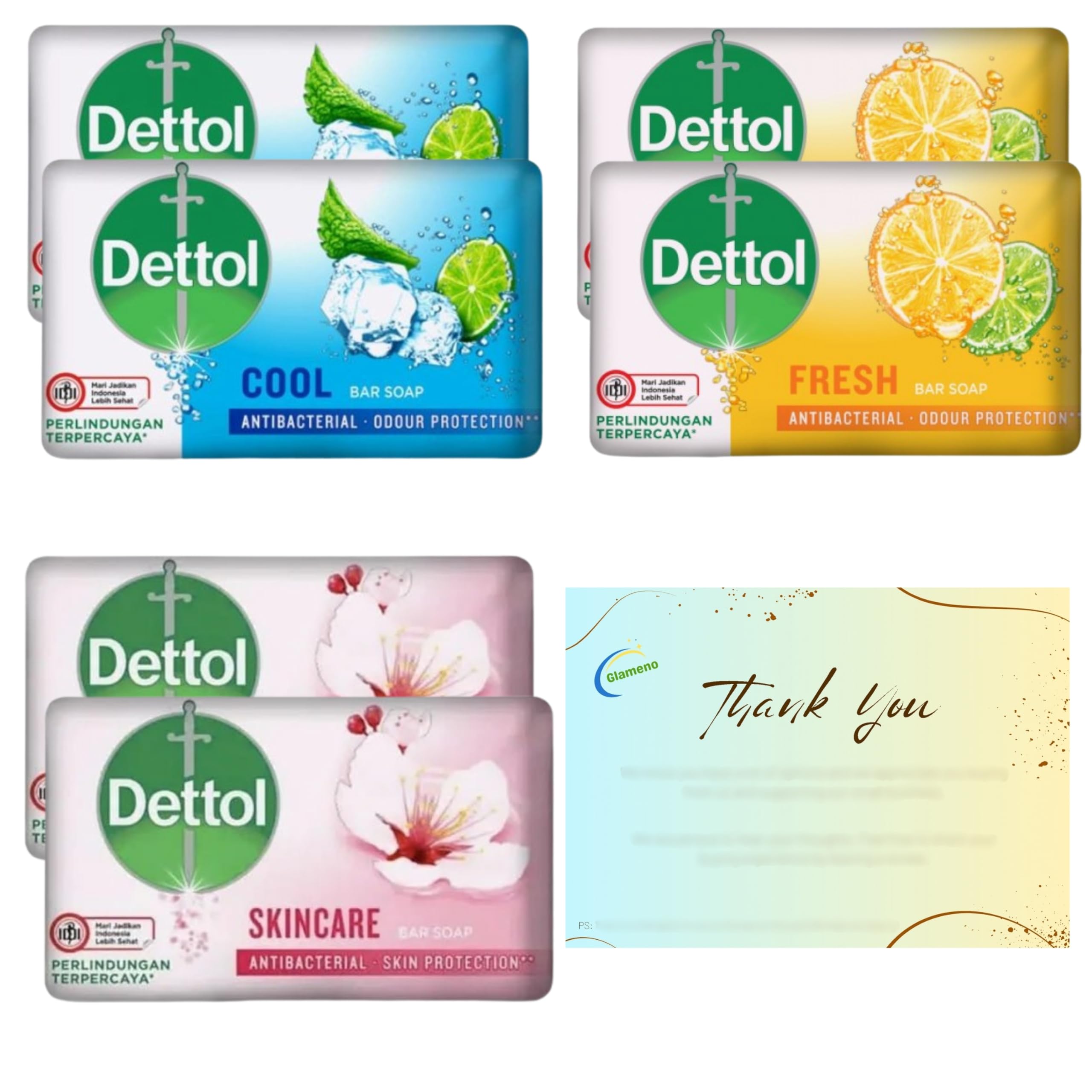 Antibacterial Soap Bundle with 6 Pack Soap Bars (Fresh, Cool and Skincare) 2 x 60g each and Glameno Thank You Card