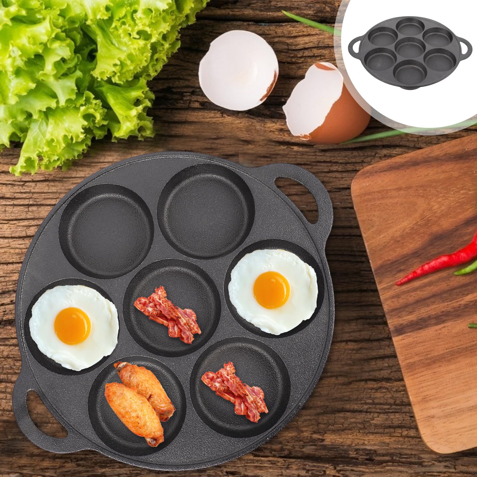 MAGICLULU Padella per Uova Antiaderente in Ferro Design Ergonomico e Sette Fori, per Cucinare Pancake e Omelette in Cucina a Induzione