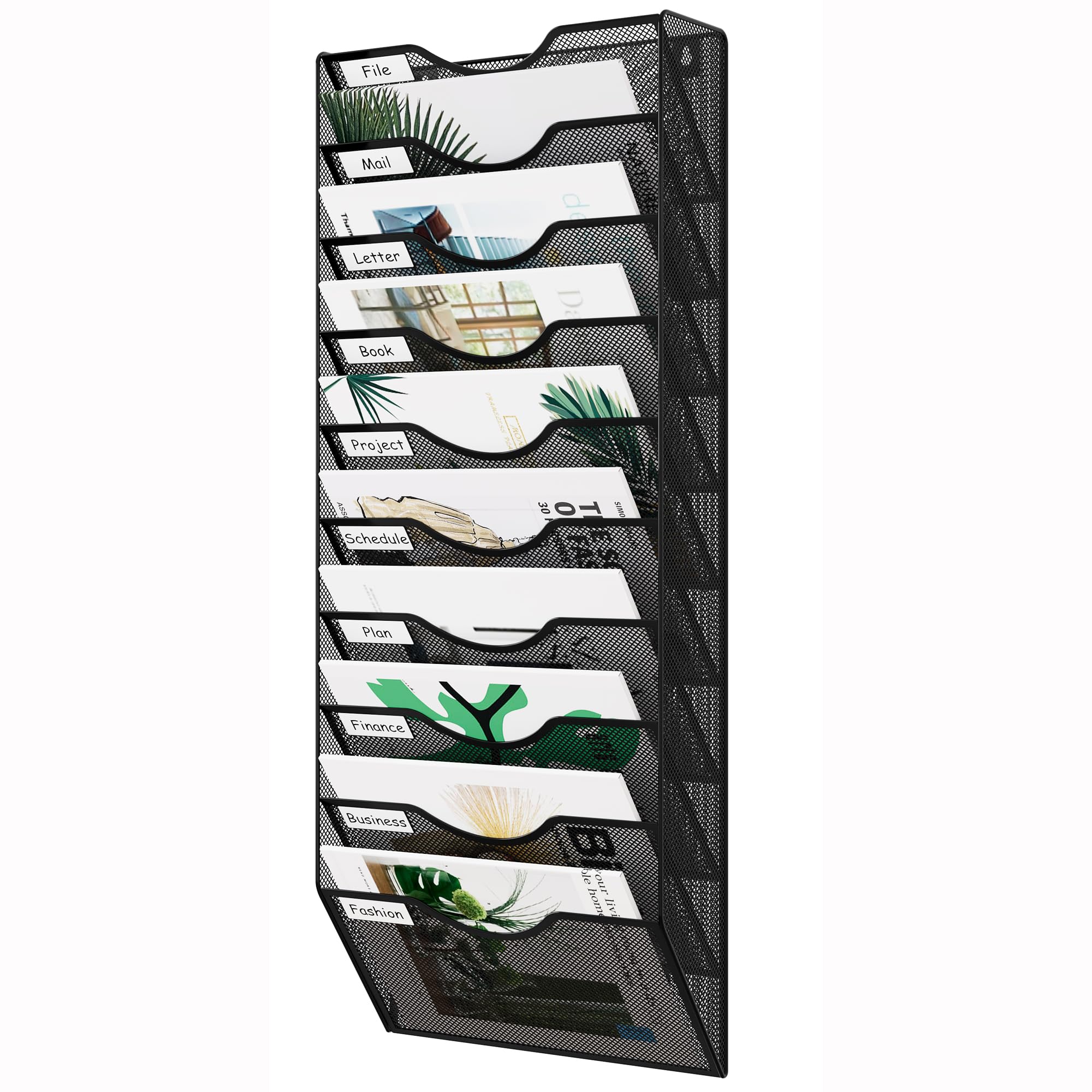 EasyPAG Hanging Wall File Organizer 10 Tier Mesh Office Mail Paper Organization Hanging File Folder Holder Magazine Rack Bin with Nametag Label,Black