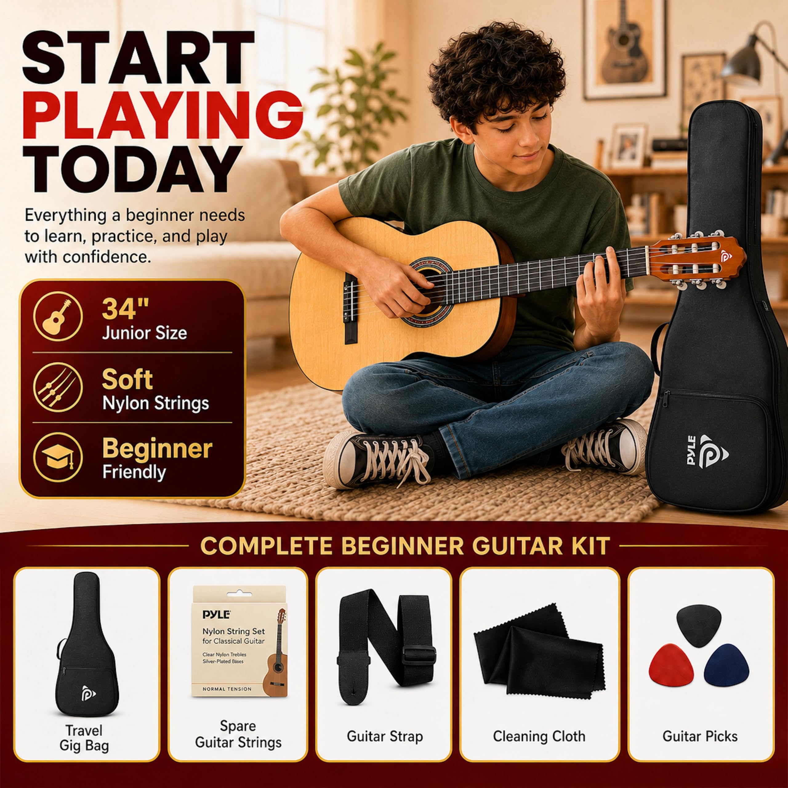 Pyle Kit per chitarra acustica per principianti, 1/2 Junior Size All Wood Instrument con kit di accessori completo, plettri, tracolla, custodia, panno per la pulizia, app accordatore, lezioni di 2