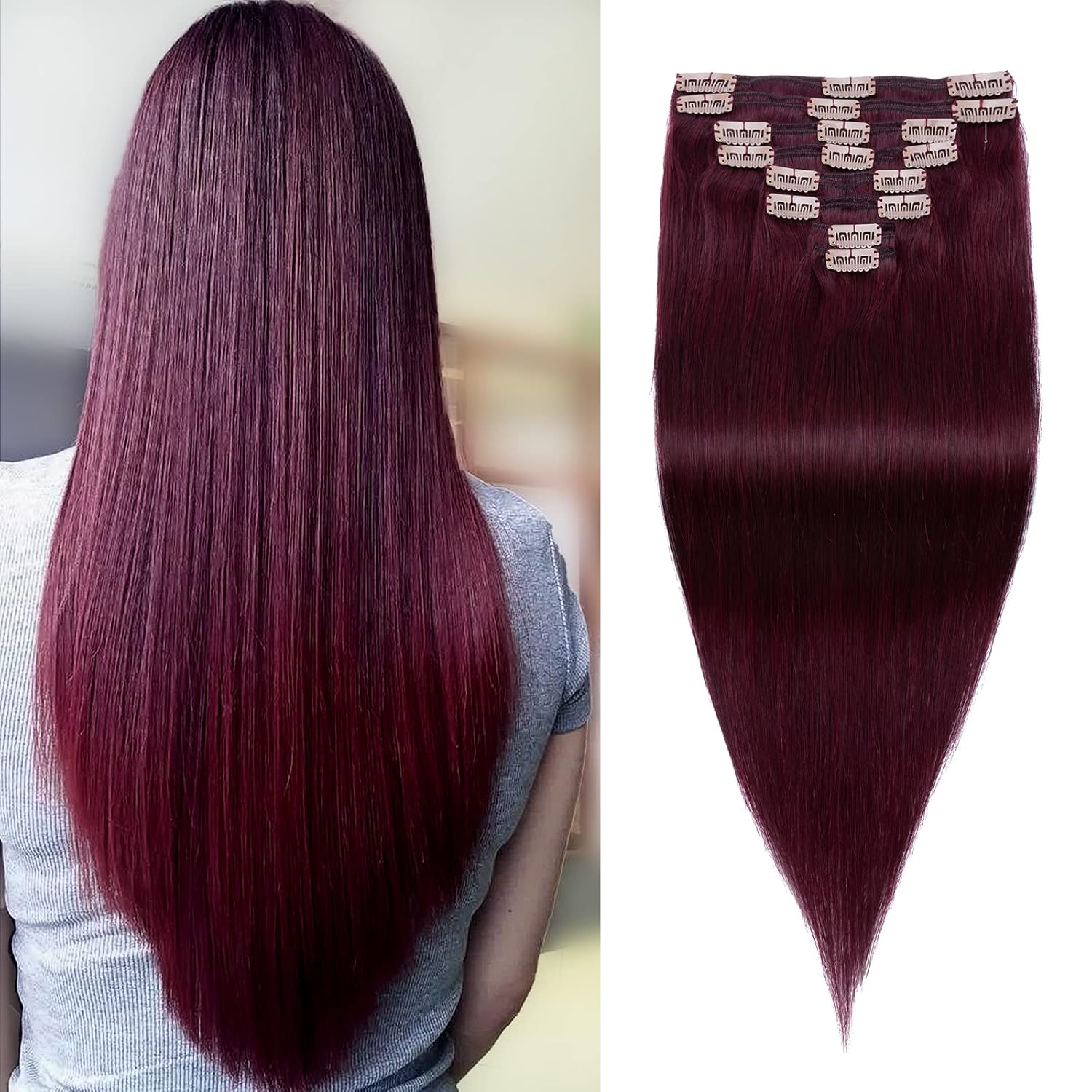 MY-LADY Double Weft 100% Remy Human Hair Clip in Extensions burgundy Full Head Thick Long Soft Straight 8pcs 18clips 18 inch 140g #99J Wine Red