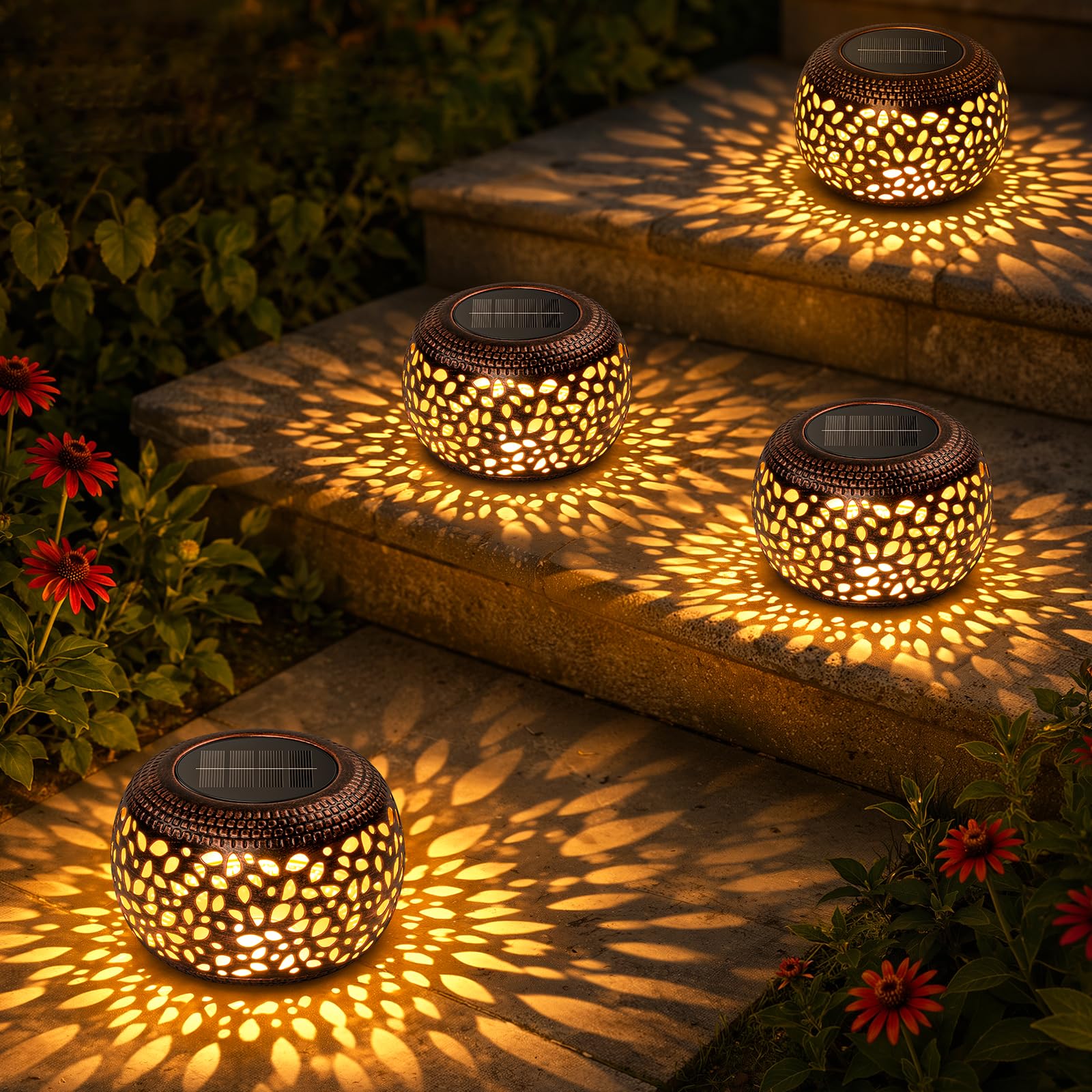 Paquete de 4 faroles solares impermeables para decoración al aire libre, luces solares de metal retro ahuecadas, regalos únicos de jardinería para mujeres y madres, jardín exterior, patio, porche,