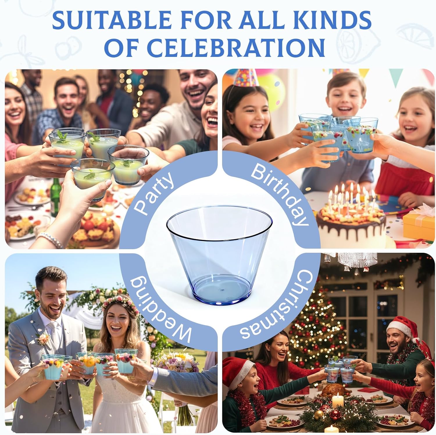 150 Pack Plastic Cups 9 oz Blue Clear Plastic Cups for Cocktail Fancy Disposable Cup for Party Stemless Wine Glasses for Wedding Thanksgiving Christmas Party Graduation - Image 6