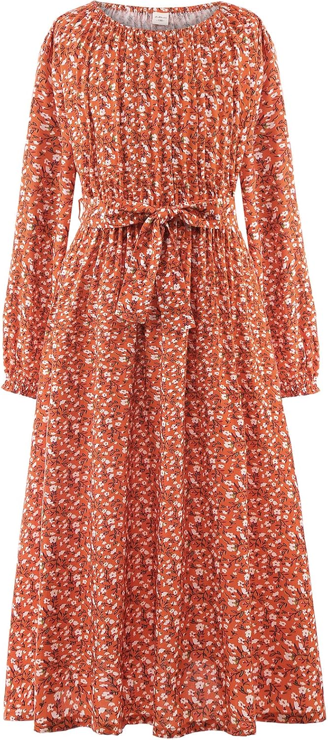 LaBeca Girls Casual Elastic Crew Neck Floral Printed Solid Color A-line Swing High Waist Midi Belted Dress with Pocket - Image 3