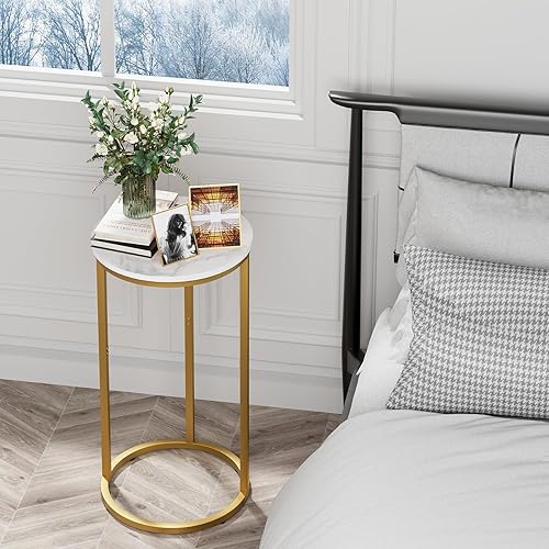 Miniatura 2 de Mesa auxiliar en forma de C, mesas auxiliares de sofá para sala de estar, mesa auxiliar redonda de sofá con marco de metal, mesa pequeña de madera