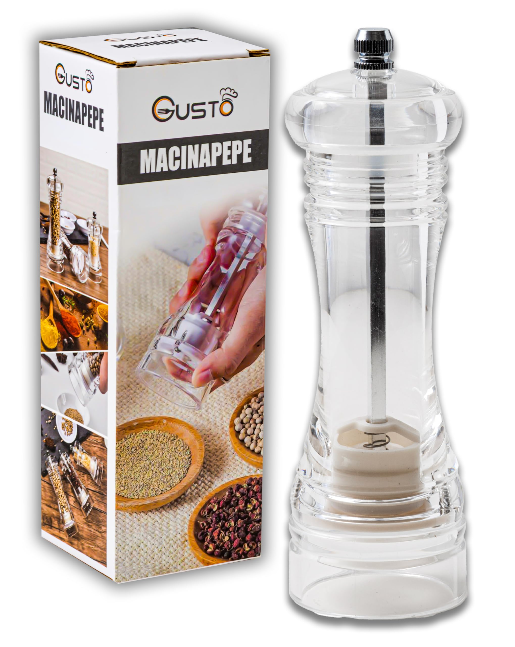 Moulin à Poivre Manuel en Bois Transparent IPEA avec Broyeur en Métal pour Épices, Sel et Piment