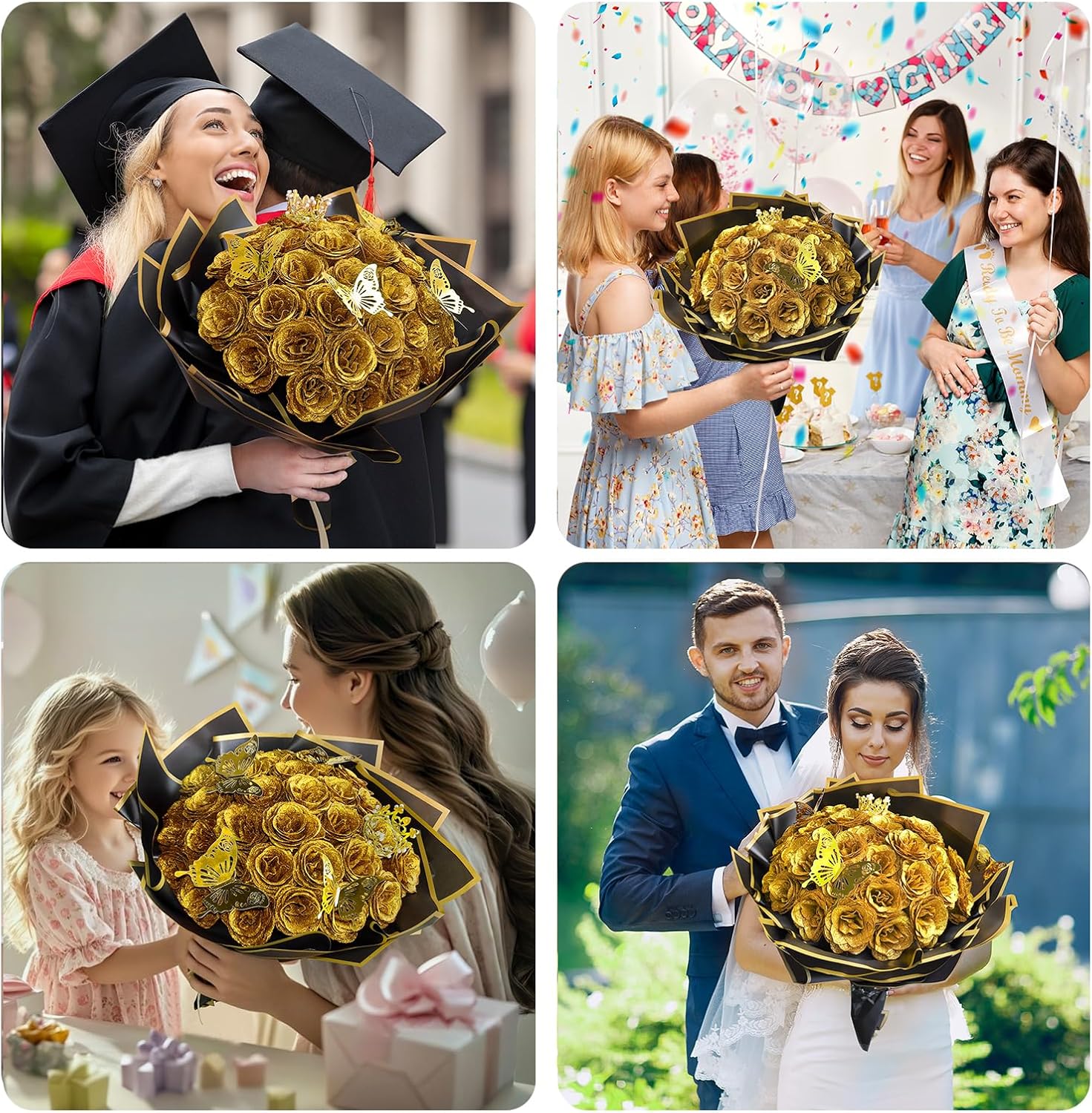 DIY Glitter Roses Bouquet Kit Gold- 24 Fake Shiny Flowers with Stems Butterfly Crown Eternal Floral for Graduation Handmade Wedding Bouquet Anniversary Birthday Gift, Mother's Day Gifts for Her - Image 7