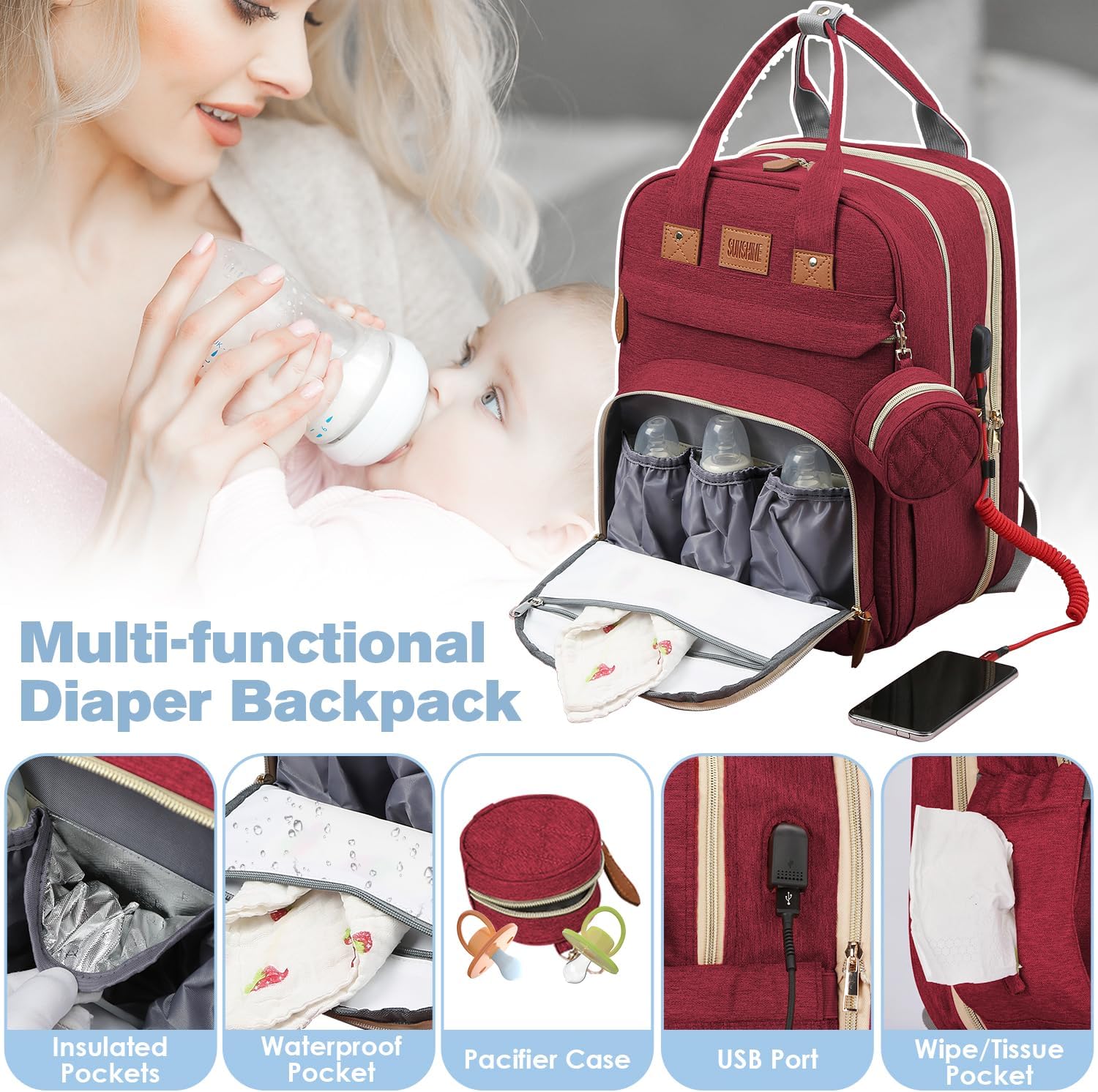 Diaper Bag Backpack, Large Diaper Bag with Changing Station, Baby Bag, New Mom Gifts, Lightweight Waterproof Unisex Diaper Bag with Insulated Pockets and USB Charging Port, Red - Image 5