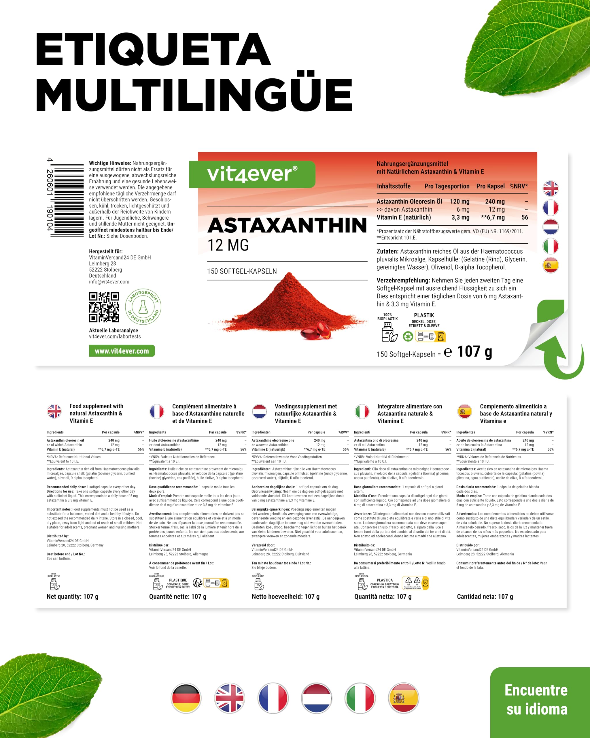vit4ever Astaxantina 12 mg - 150 Cápsulas Blandas - Para 10 Meses
