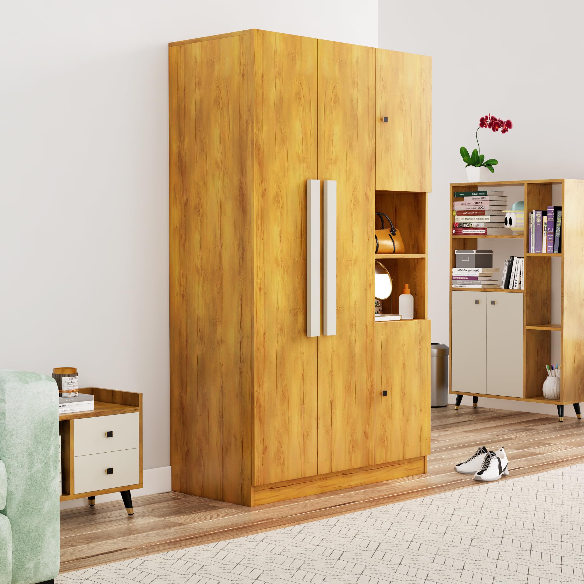 Bniture Wooden Almirah for Clothes, Door for Bedroom, 4 Door Wardrobe with Hanging Space (50D x 105W x 180H CM) |3 Year Warranty (Giant Wood)