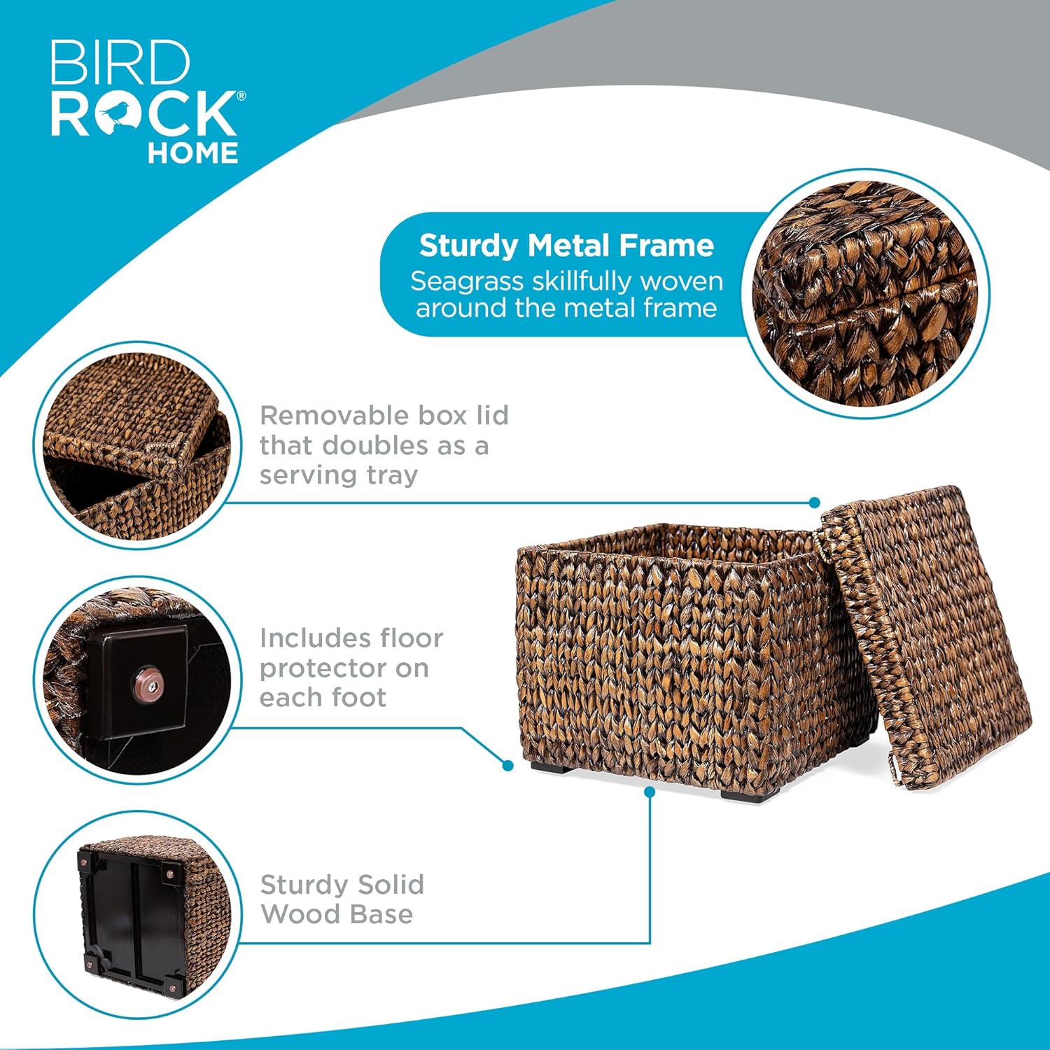 BIRDROCK HOME Storage Cube Box with Lid - Brown Wash Seagrass - Hand Woven Container for Blankets Pillows - Sturdy Metal Frame