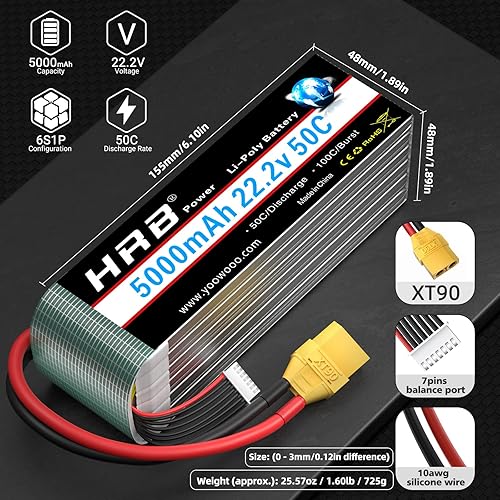 Miniatura 2 de HRB 6S 5000mAh Lipo Batería XT90 50C-100C 22.2V RC Lipo Batería Compatible con RC Quadcopter Helicóptero Avión Coche Barco Camión