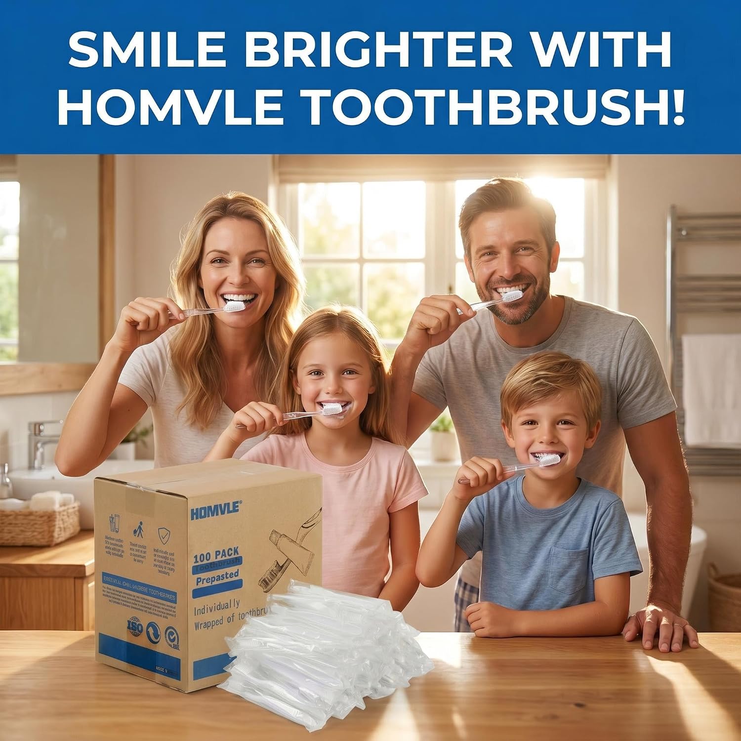 Homvle 100 Packs Prepasted Disposable Toothbrush Bulk, Individually Wrapped | for Travel Toothbrush Toiletries, OCC, Airbnb, Dentist, Office