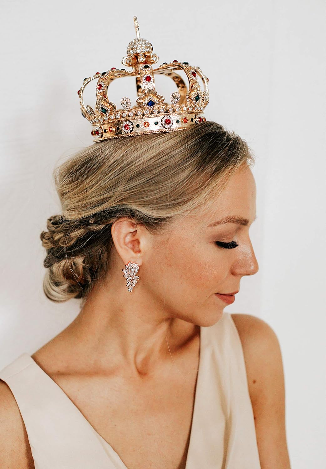 SWEETV Gold Queen Crown for Women, Vintage Wedding Crown with Cross Decor, Costume Party Accessories for Brithday Halloween