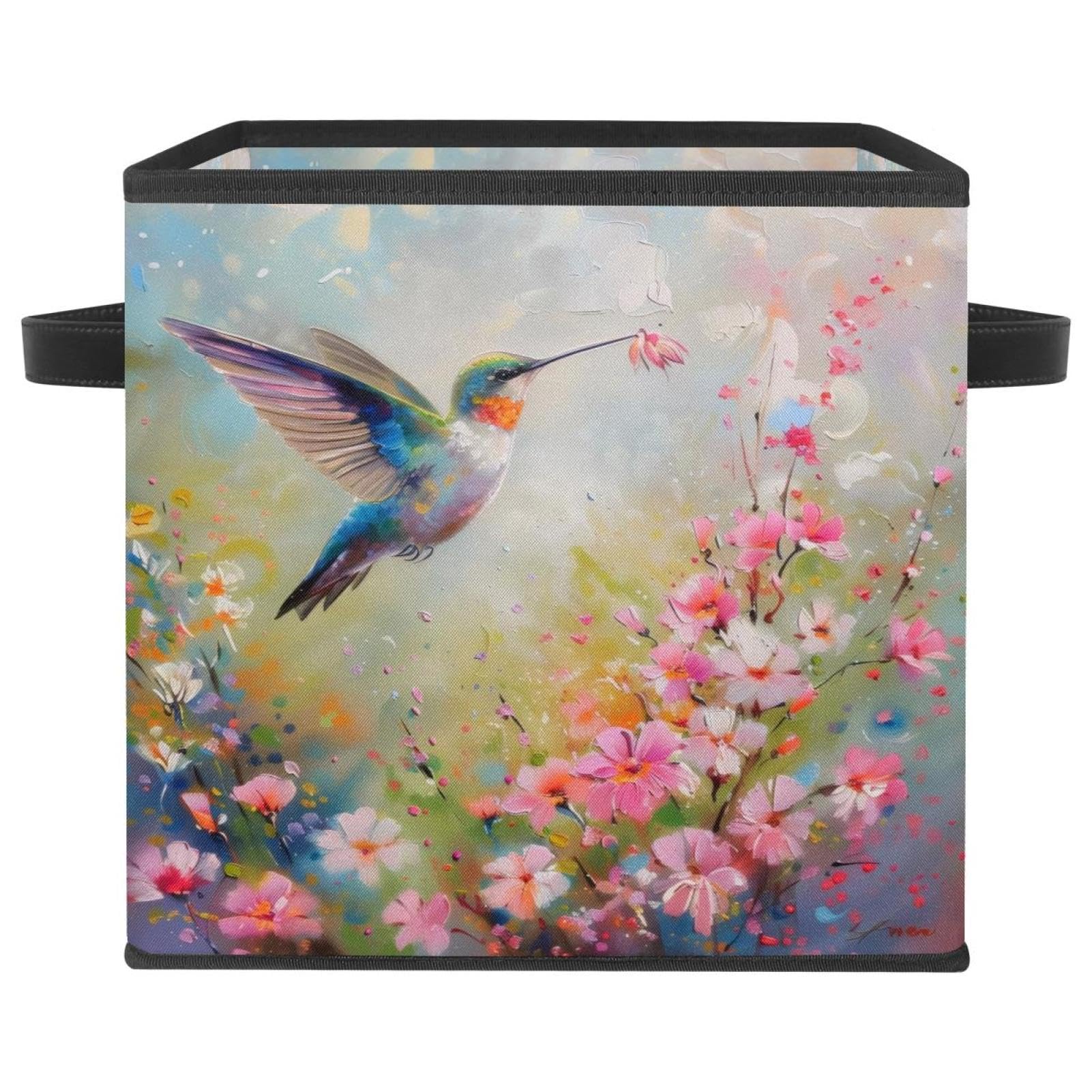 Boîte de rangement avec double poignées et motif colibris poétique