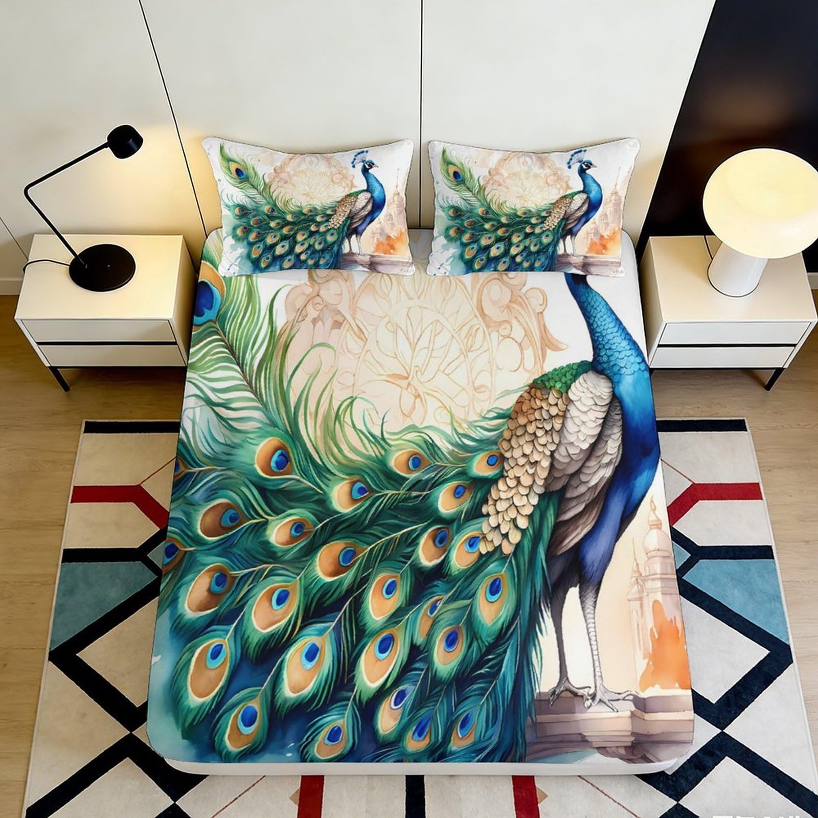 3D Printed Peacock Feather Fitted Sheet Microfiber Soft Durable Bed Cover with 3D Printed Bird Design Mattress Cover for Bedroom Dormitory Guest Room 140x200x25cm