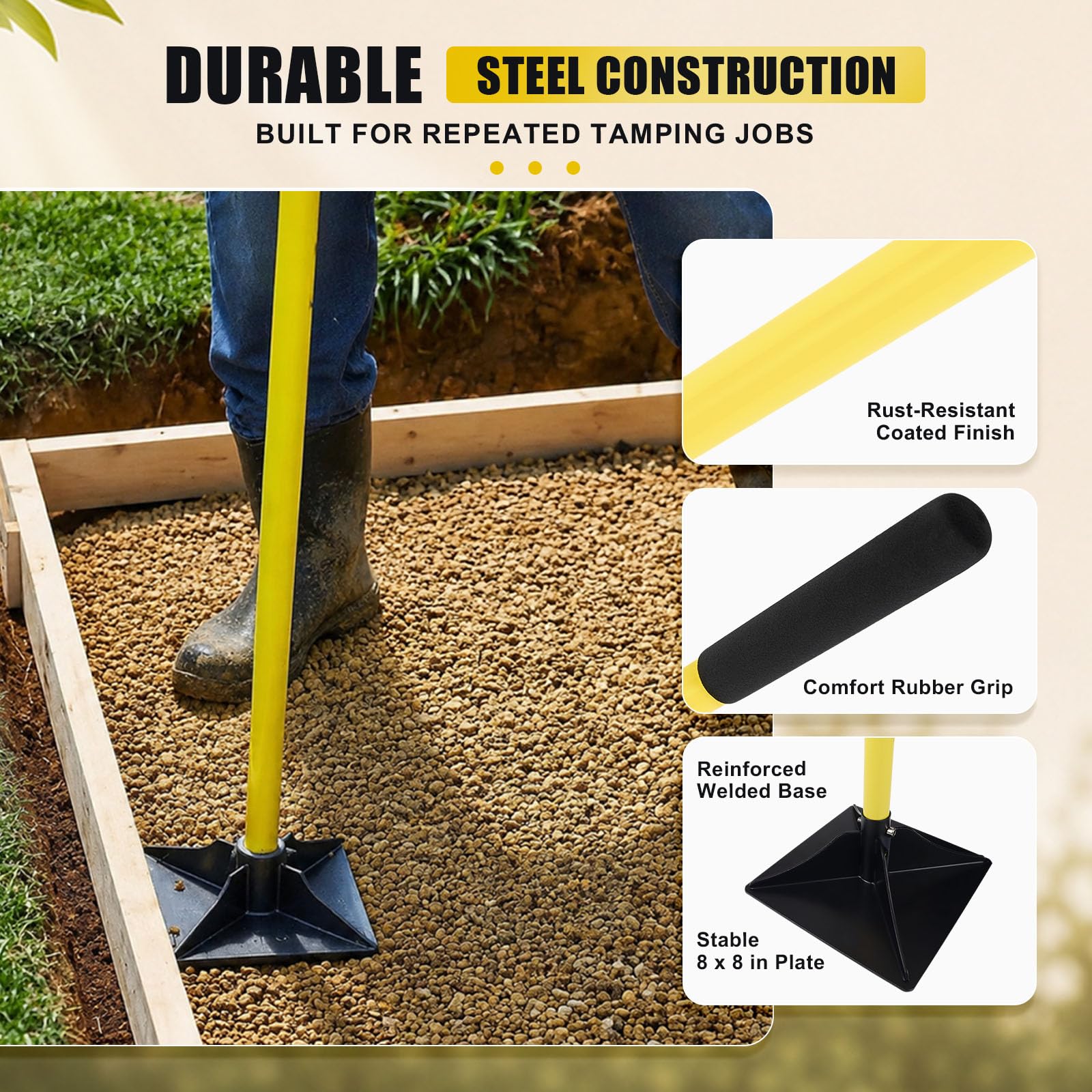 20 x 20 cm in acciaio strumento manomissione terra Heavy Duty mano manomissione compattatore suolo | Manomissione manuale con guanti da lavoro per livellare terreno, ghiaia, asfalto, finitrici, vialetti, terrazze e giardini