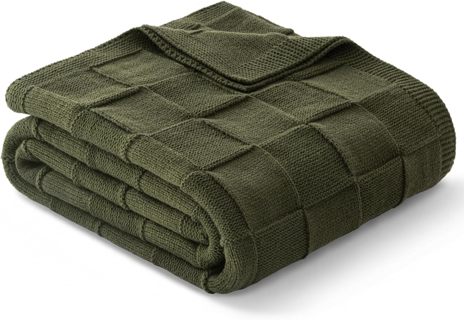 Whale Flotilla Knit Checkered Throw Blanket for Couch, Soft Fuzzy Decorative Knitted Blankets for Sofa Bed, Lightweight Cozy Warm Throws for Spring Summer, 60x80 Inch, Olive