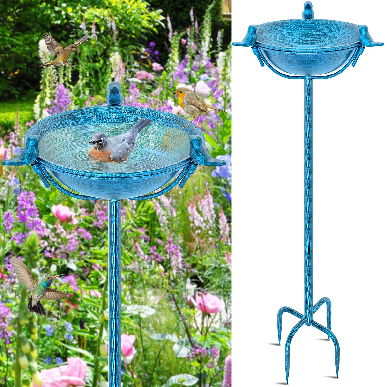 Metall Vogelbad Garten für Wildvögel Wassertränke Mit 3 Vogelskulpturen, Vogeltränke Futter Schale Wasserstelle Stehend, Vogelbad Futterstelle für das Blumenbeet oder (Retro Blau)