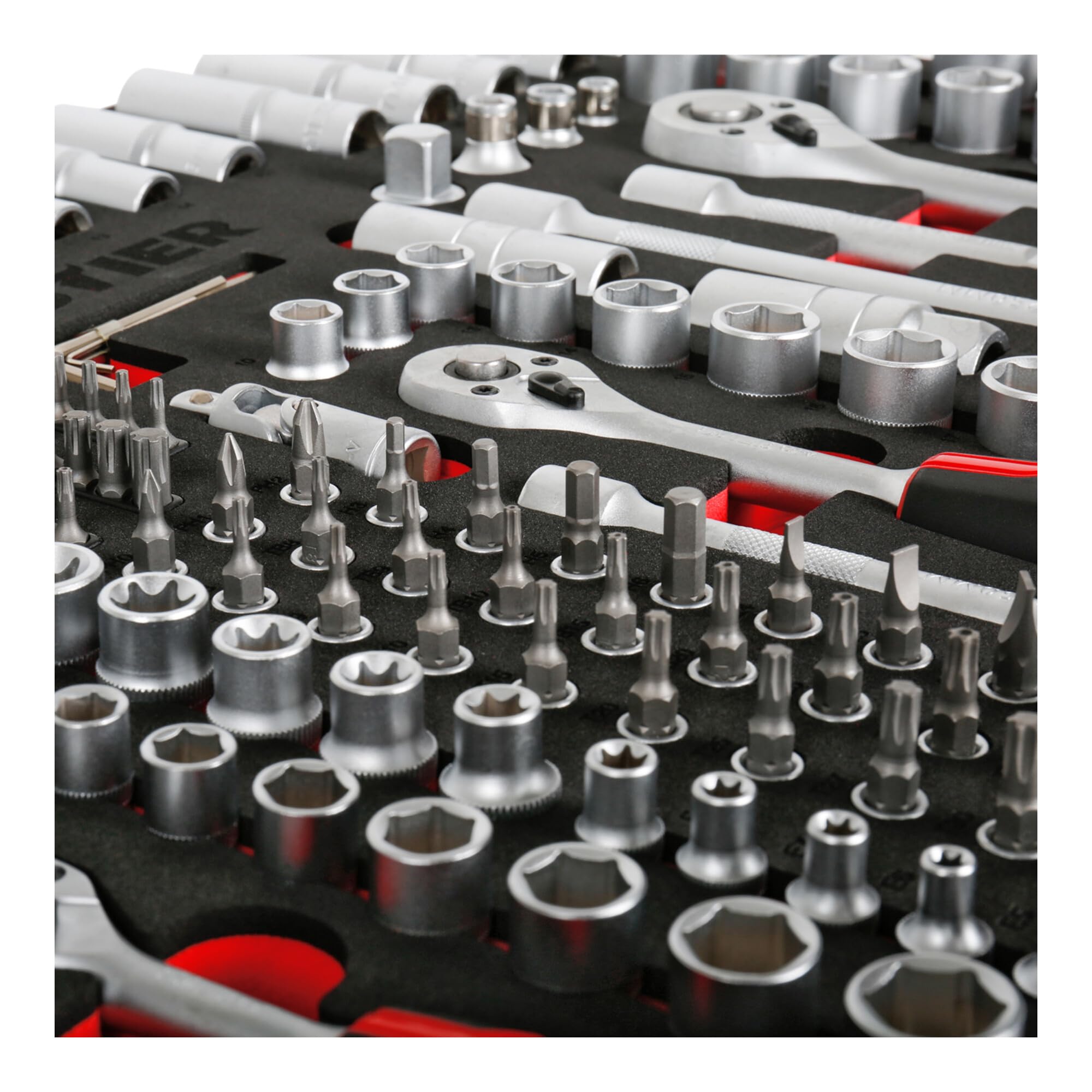 Set di chiavi a bussola STIER, 179 pezzi, in inserto di espanso morbido, 1/4 pollice, 3/8 pollice e 1/2 pollice, con cricchetti reversibili, come inserto per il carrello per officina STIER, acciaio al
