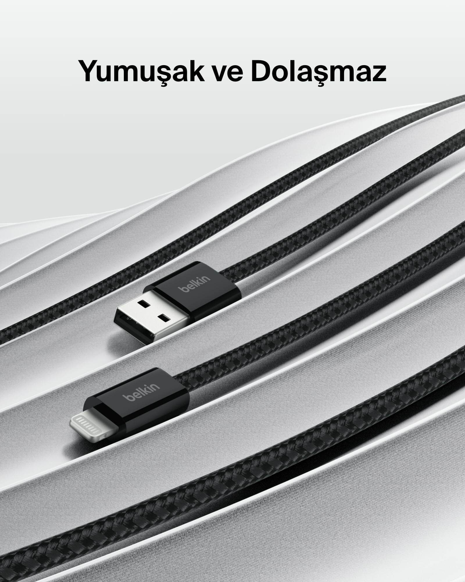 Belkin 2'li Örgülü USB-A - Lightning Kablo, 1,5 m, Yumuşak, Esnek ve Hızlı Şarj Kablosu, iPhone 14 ve Önceki Modeller, 9. Nesil iPad ve AirPods ile Uyumlu, Siyah