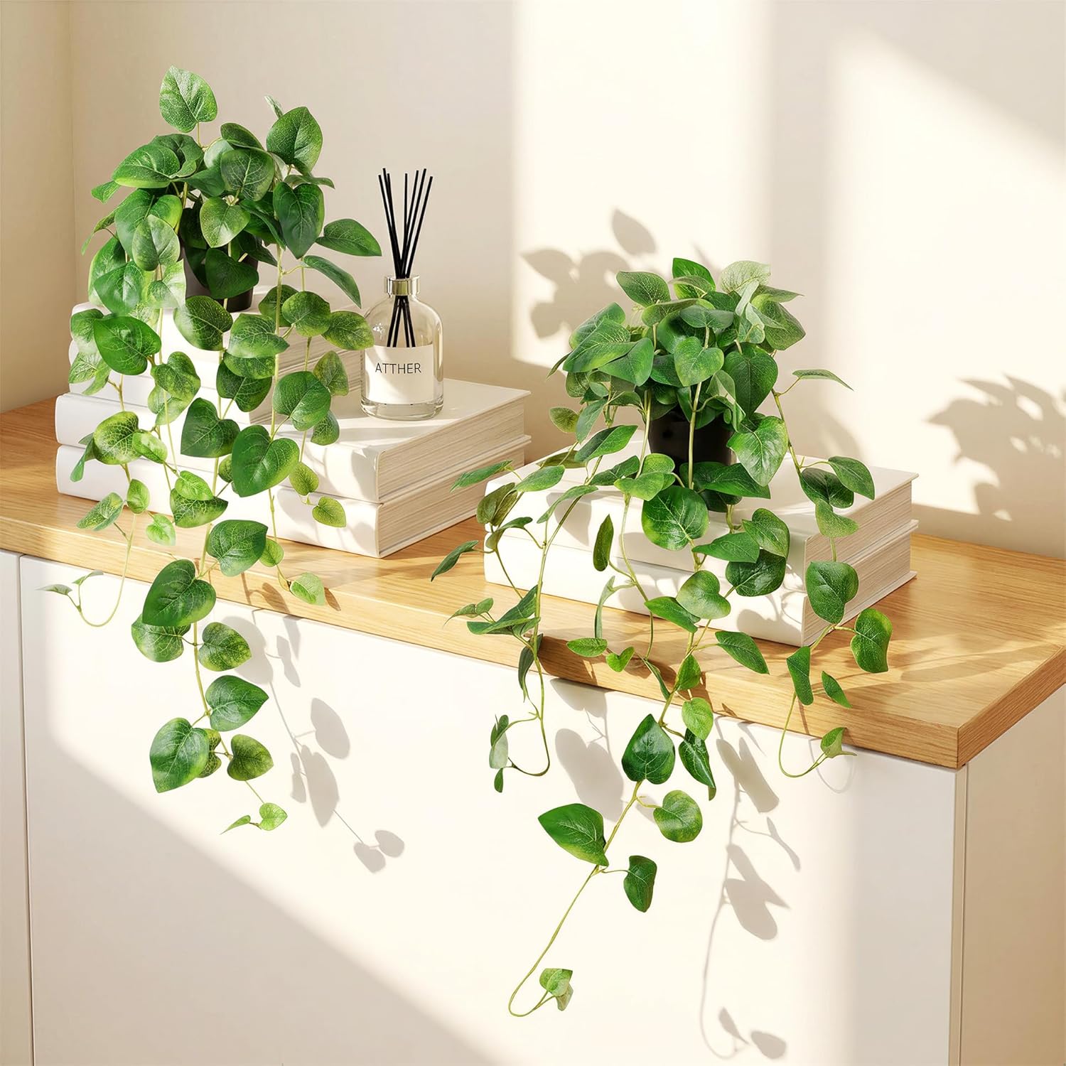 Fake Pothos Hanging Plant - Set of 2 Artificial Plants Indoor with Pots, Silk Faux Greenery Ivy for Outdoor, Fake Potted Plants for Wall Farmhouse Room Decor, Green 33In