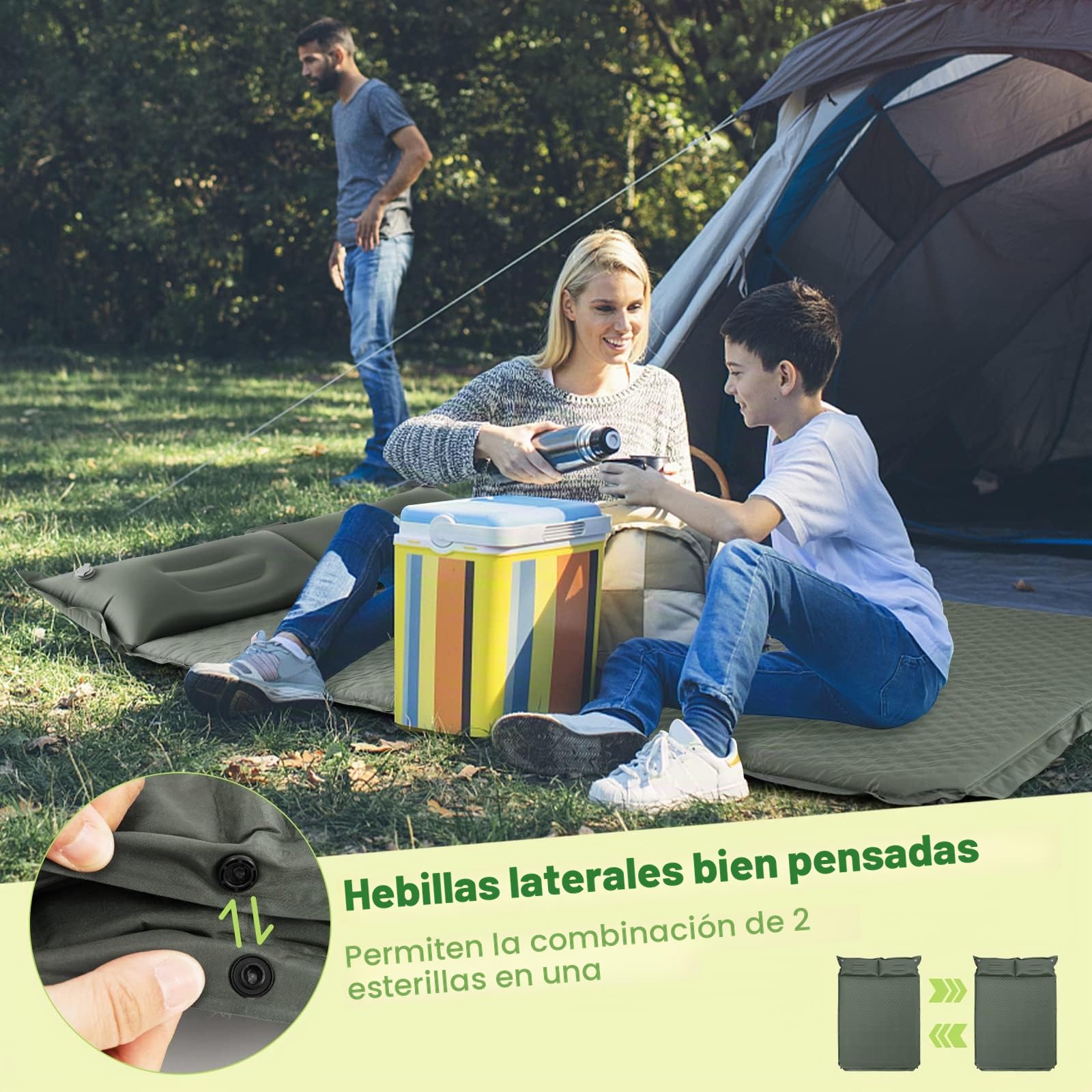 COSTWAY Colchón para Acampar con Almohada Colchoneta Autoinflable para 2 Personas Colchón Doble en Espuma para Camping Senderismo Vacaciones (Verde)
