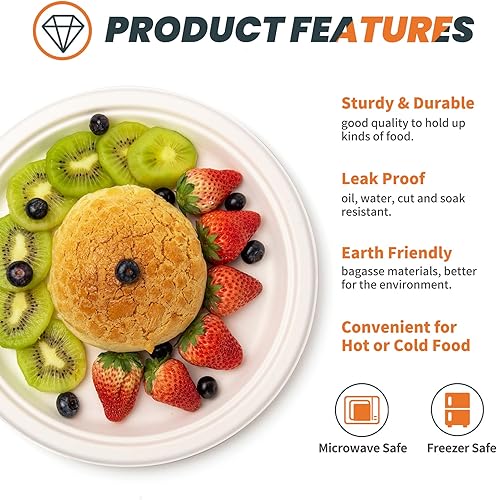 Miniatura 7 de Platos de papel 100% compostables de 9 pulgadas, paquete de 125 platos desechables para fiestas, con certificación (BPI), platos de papel de cena